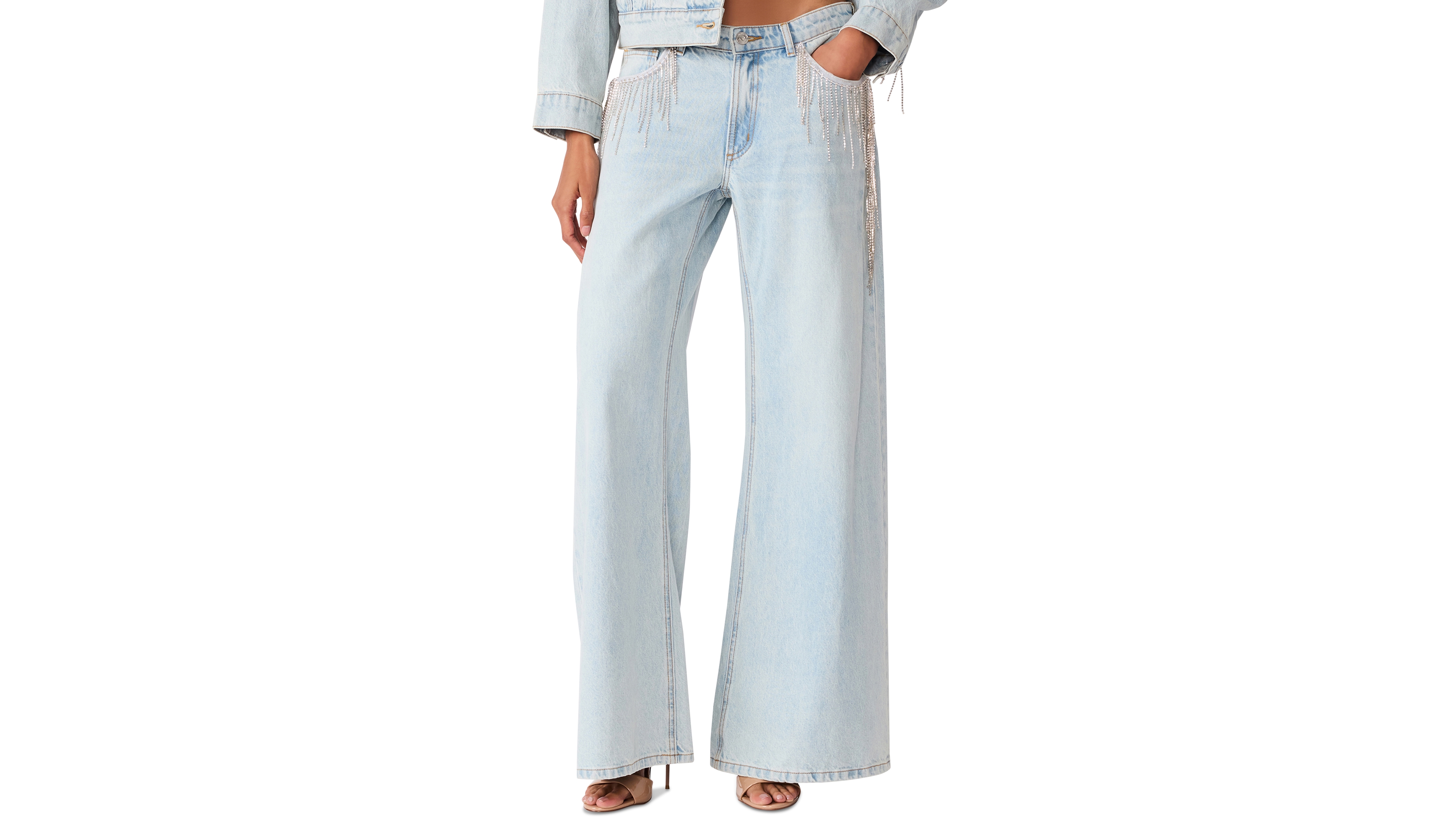 Steve Madden Women's Goldie Mid-Rise Wide-Leg Rhinestone Fringe Jeans