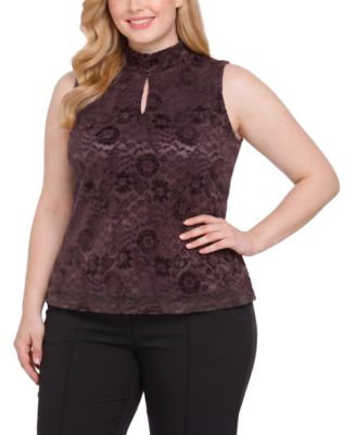 Plus Size Floral-Print Lace Keyhole Tank