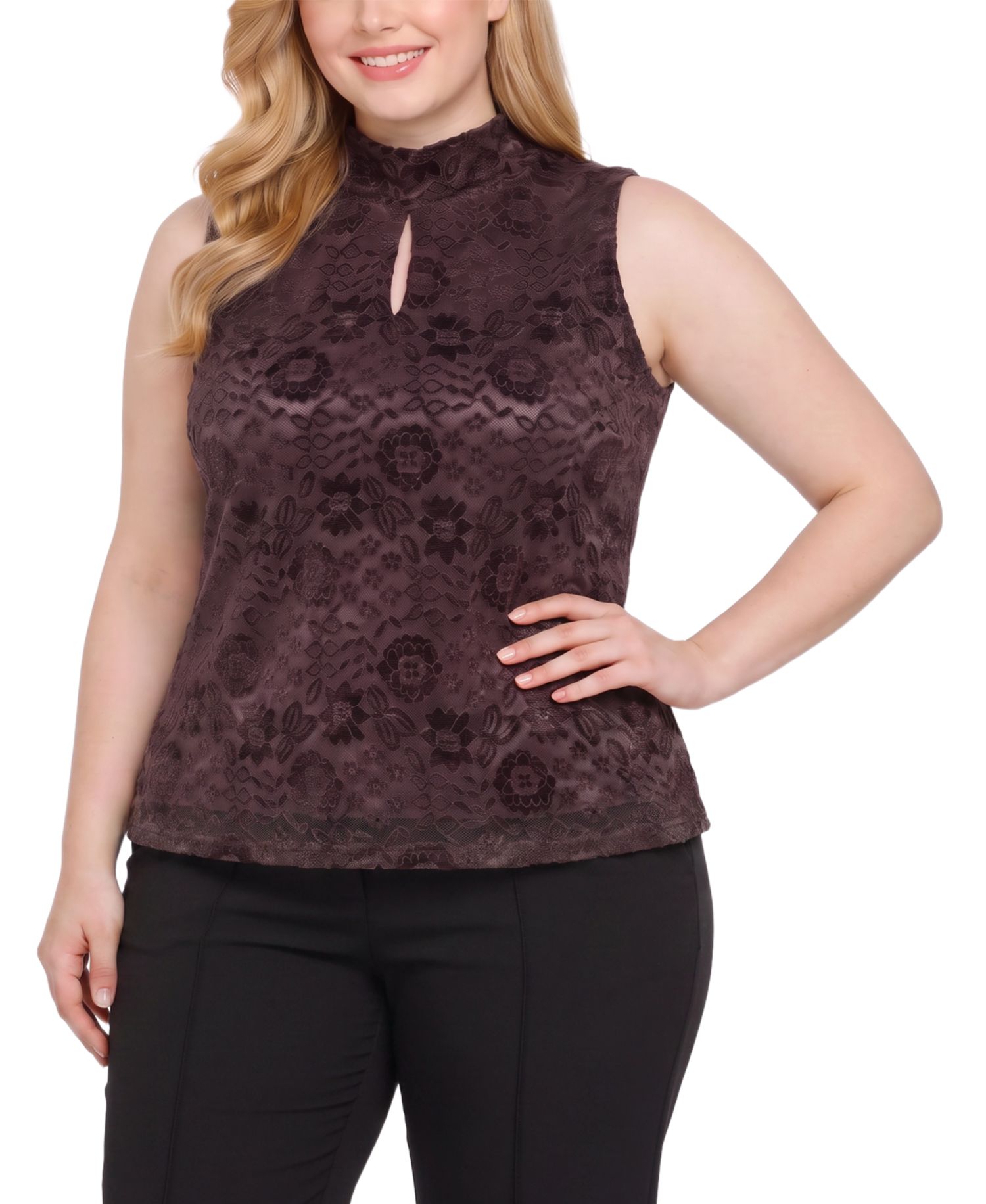 Plus Size Floral-Print Lace Keyhole Tank