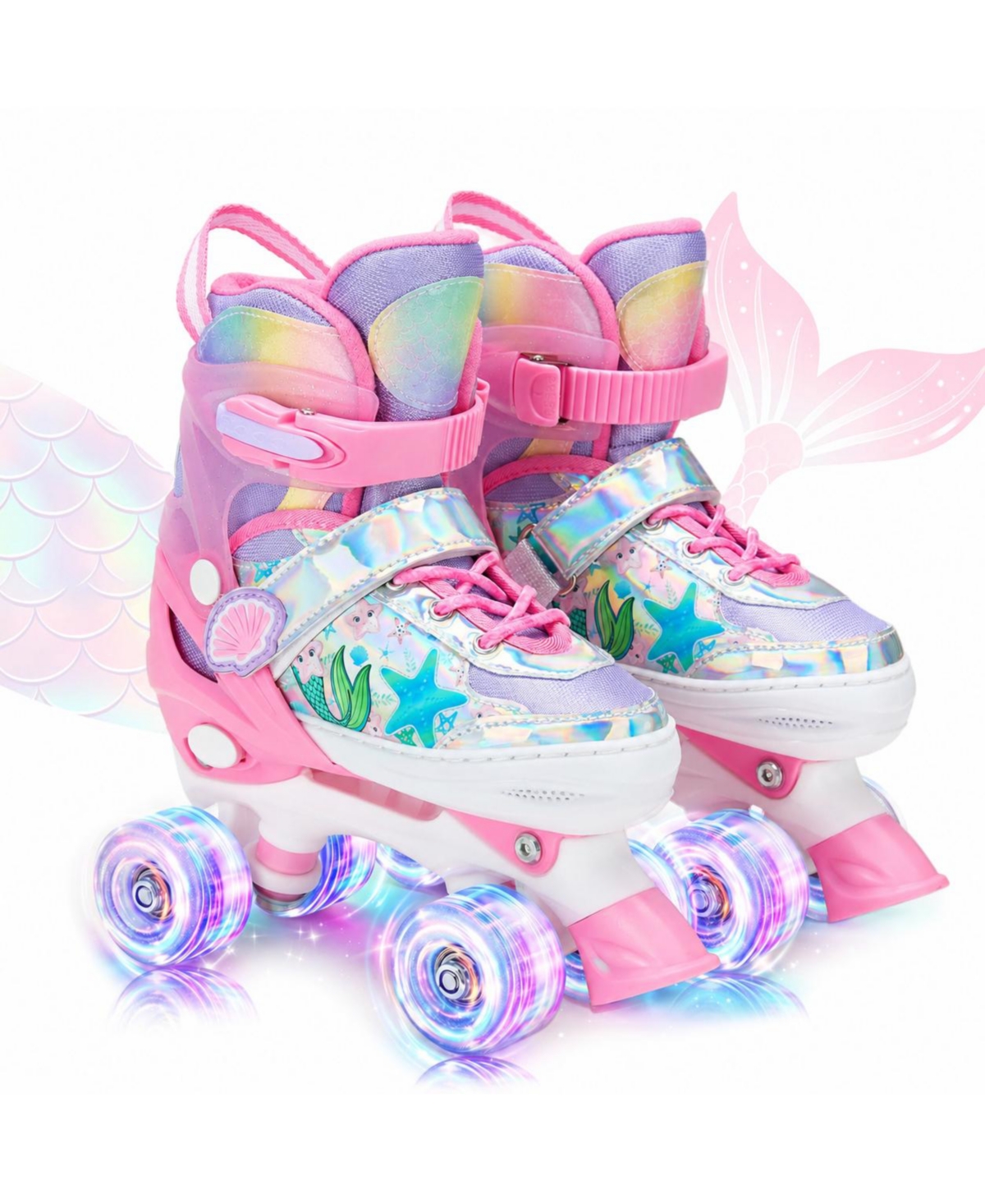 Magicorange Adjustable Mermaid Kids Roller Skates Light Up Wheels Beginner Skates - Pink small-little kid(11c~13.5c)