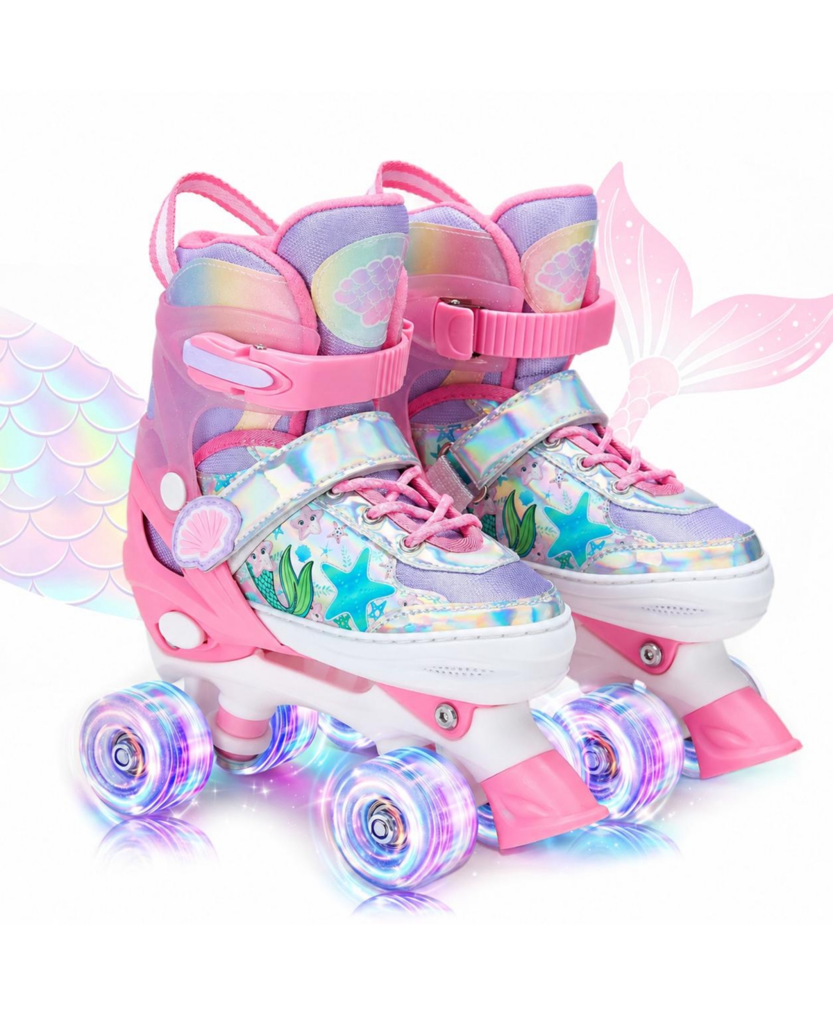 Magicorange Adjustable Mermaid Kids Roller Skates Light Up Wheels Beginner Skates - Pink medium-bigkid(1y~4y)