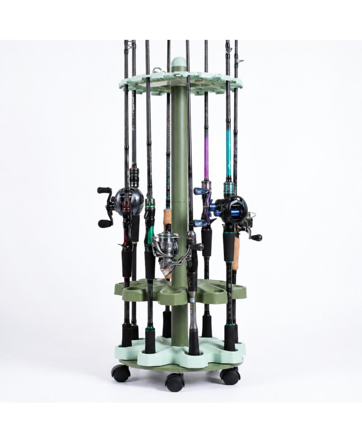 Magicorange 360 Rotating 16 Rod Fishing Rod Holder Rack With Rolling Wheels Space Saving Organizer