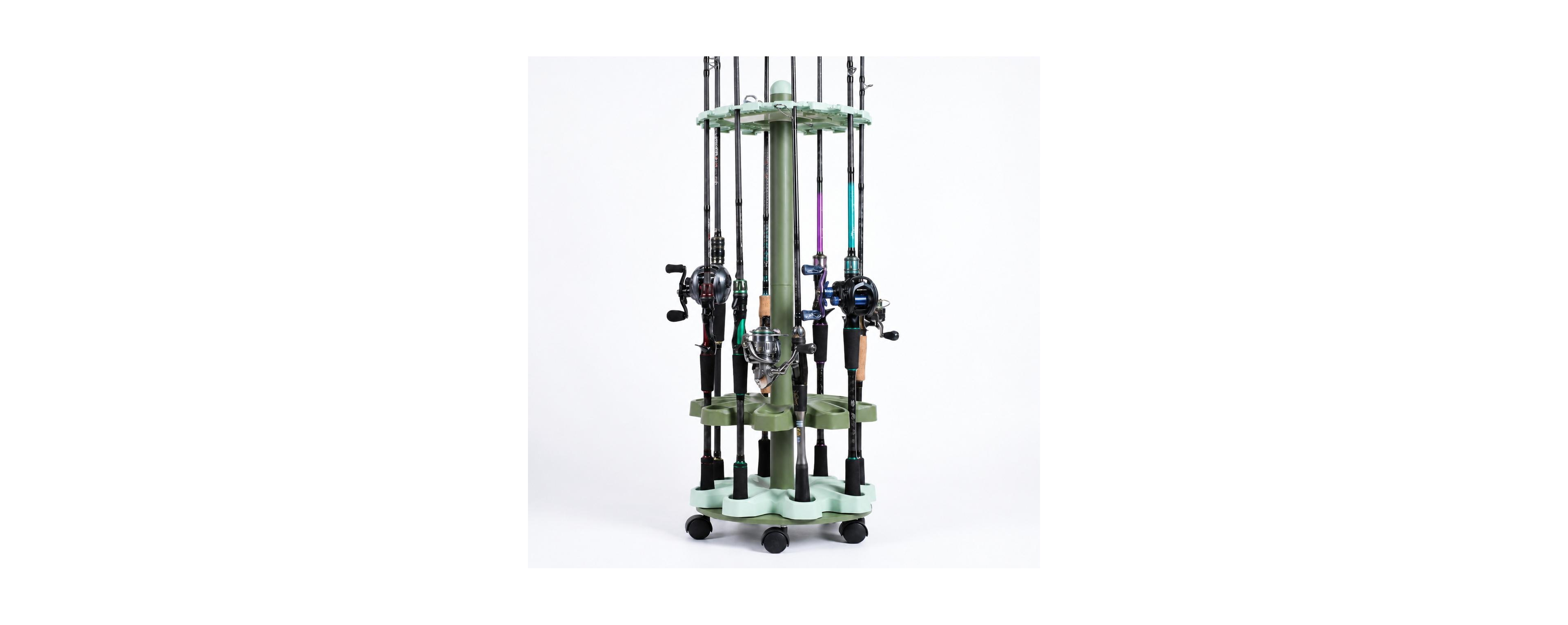 Magicorange 360 Rotating 16 Rod Fishing Rod Holder Rack With Rolling Wheels Space Saving Organizer
