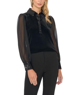 Women's Embellished Velvet Button-Down Blouse