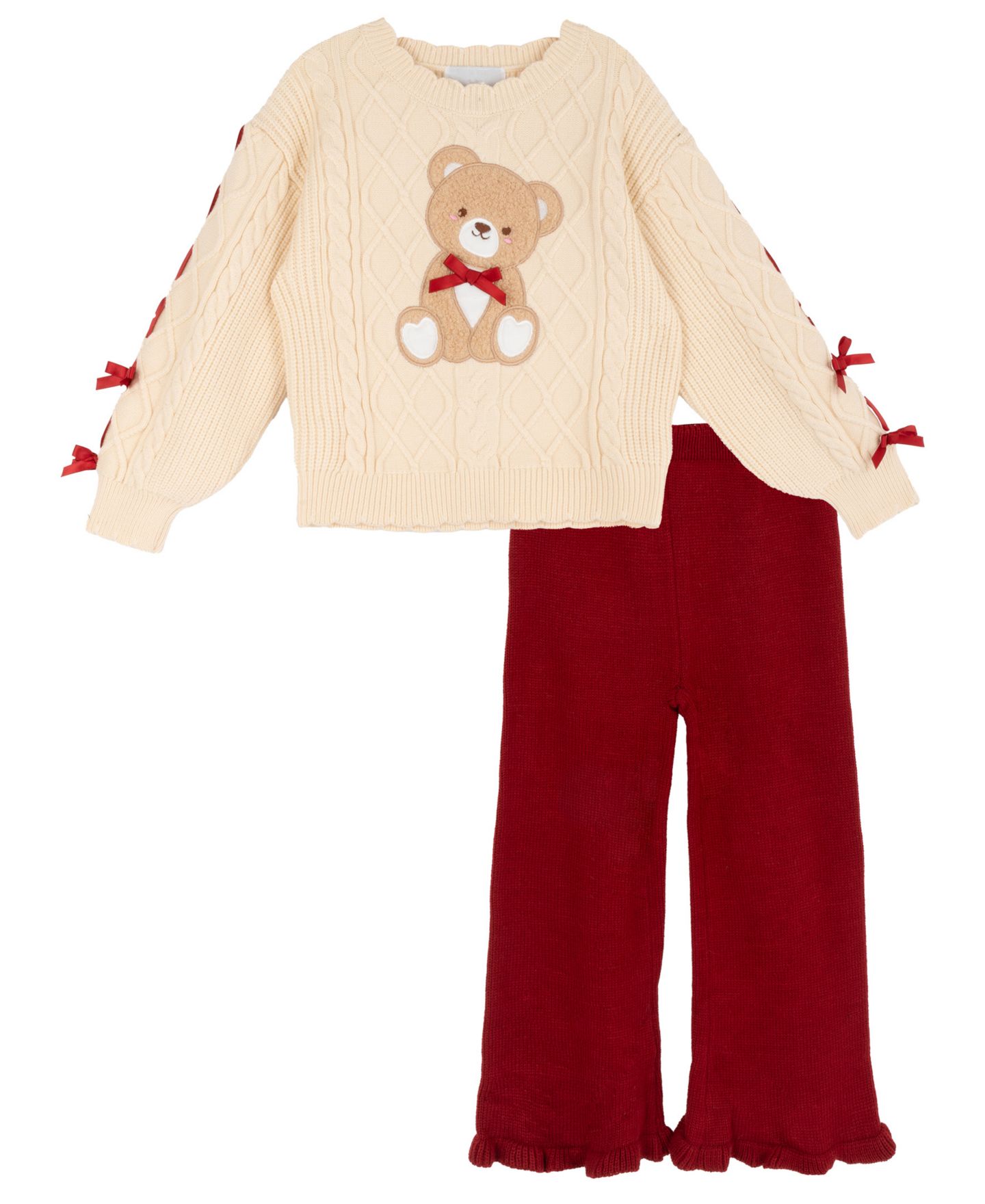 Rare Editions Girls' 2T-6X Cable-Knit Ruffle-Hem Sweater and Leggings, 2-Piece Set, цвет: Светло-коричневый / Красный — фото 4
