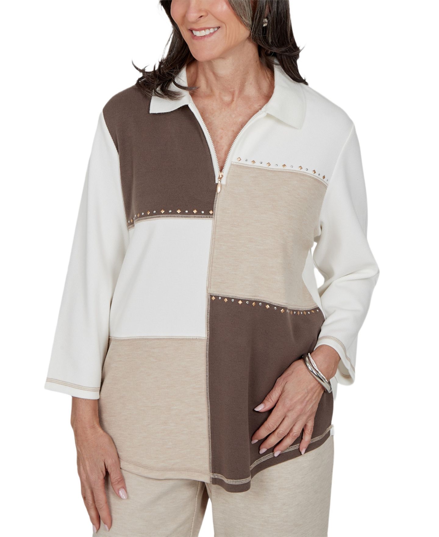 Женский топ Alfred Dunner 3/4-Sleeve Colorblock Studded Knit, цвет: Коричневый разноцветный — фото 1