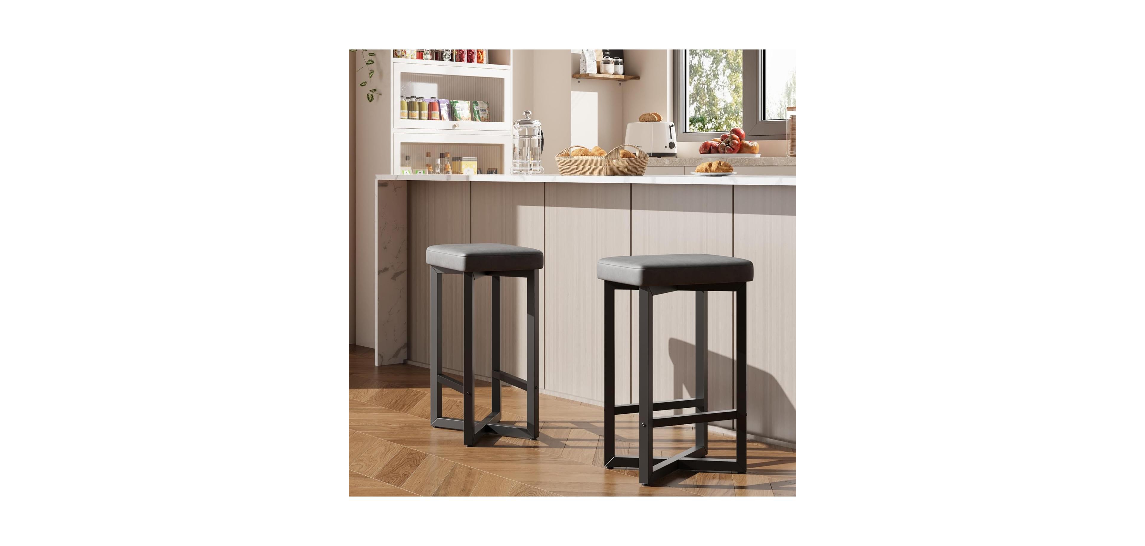 gaomon Set of 2 24.6 Inch Counter Height Backless Barstools, Upholstered Pu Leather Seats with Metal X-Frame and Footrest, Modern Kitchen Stools