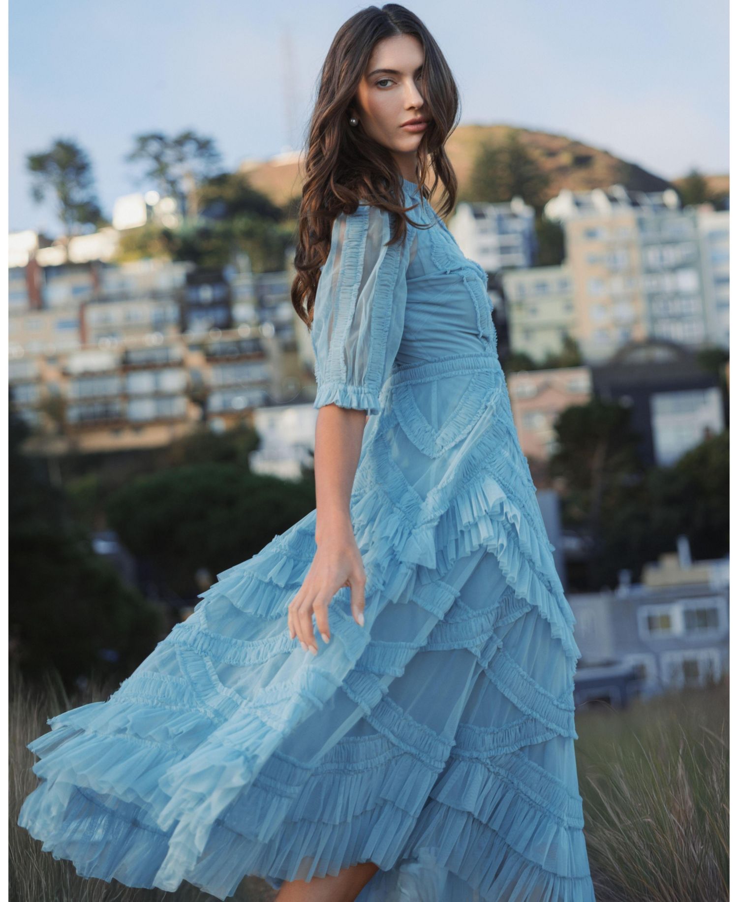 Petite Illusion High Neck Tiered Ruffle A-Line Midi Dress