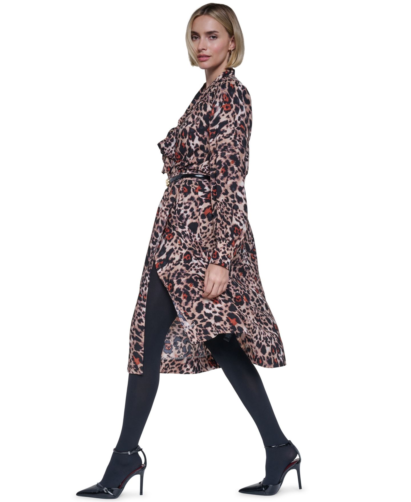 Женское платье Sonia Rykiel Bow Leopard-Print Long-Sleeve V-Neck Wrap, цвет: Рыжевато-коричневый разноцветный — фото 2
