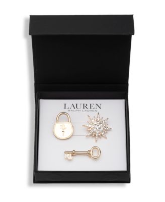 Glass Crystal Gold-Tone Logo Lock Trio Pin Brooch, 3-Piece Set