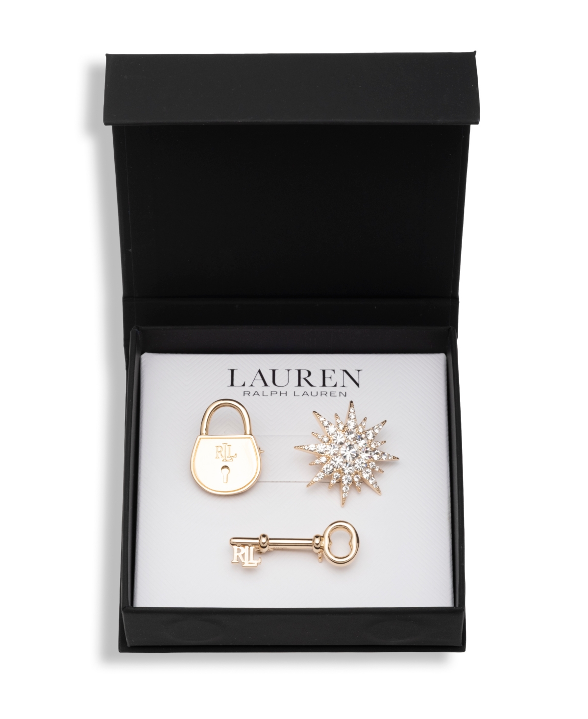 Lauren Ralph Lauren Glass Crystal Gold-Tone Logo Lock Trio Pin Brooch, 3-Piece Set