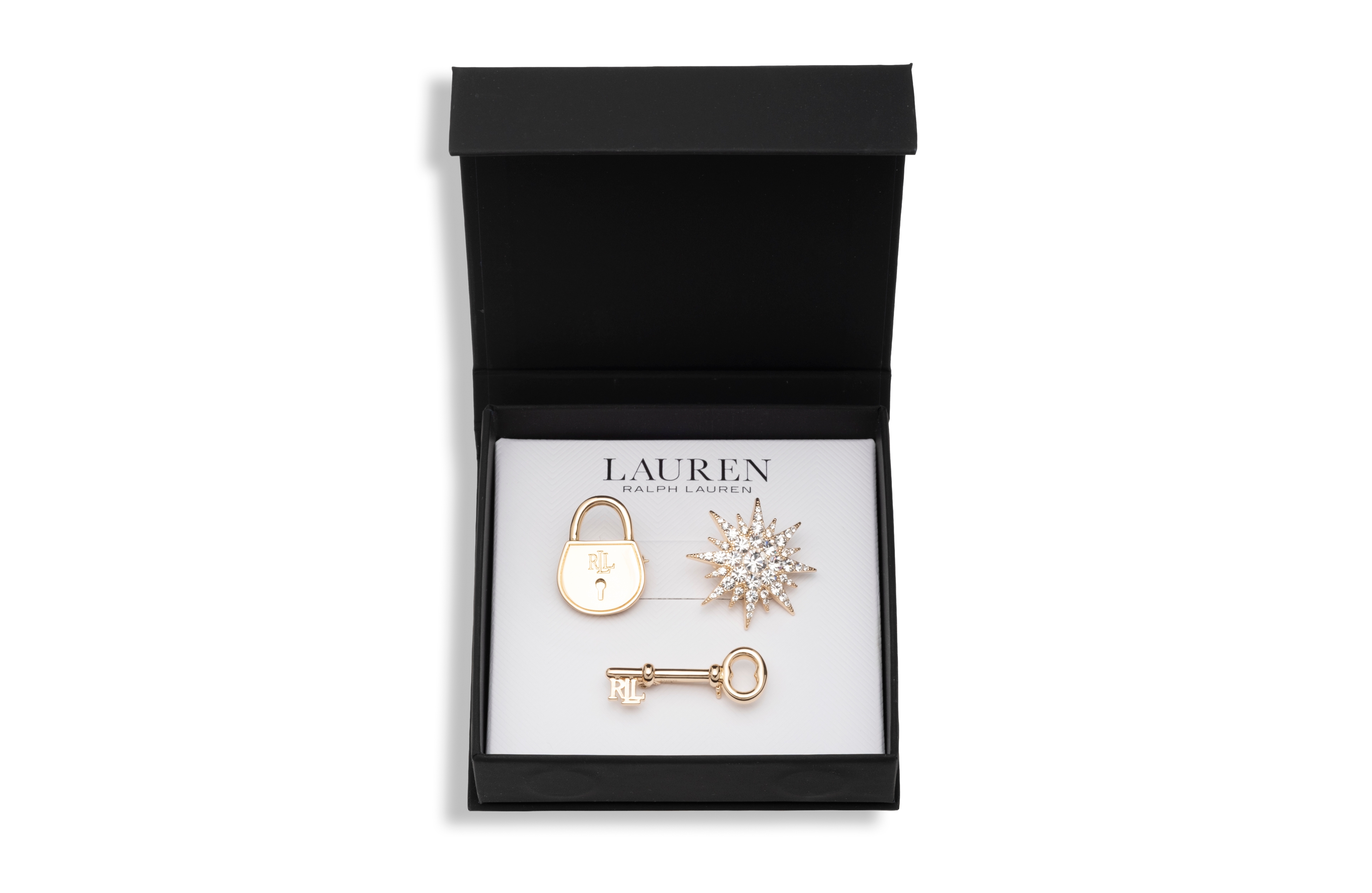 Lauren Ralph Lauren Glass Crystal Gold-Tone Logo Lock Trio Pin Brooch, 3-Piece Set