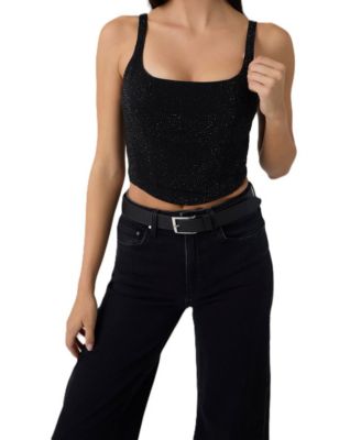 Women's Gala Crop Rhinestone Square-Neck Denim Bustier