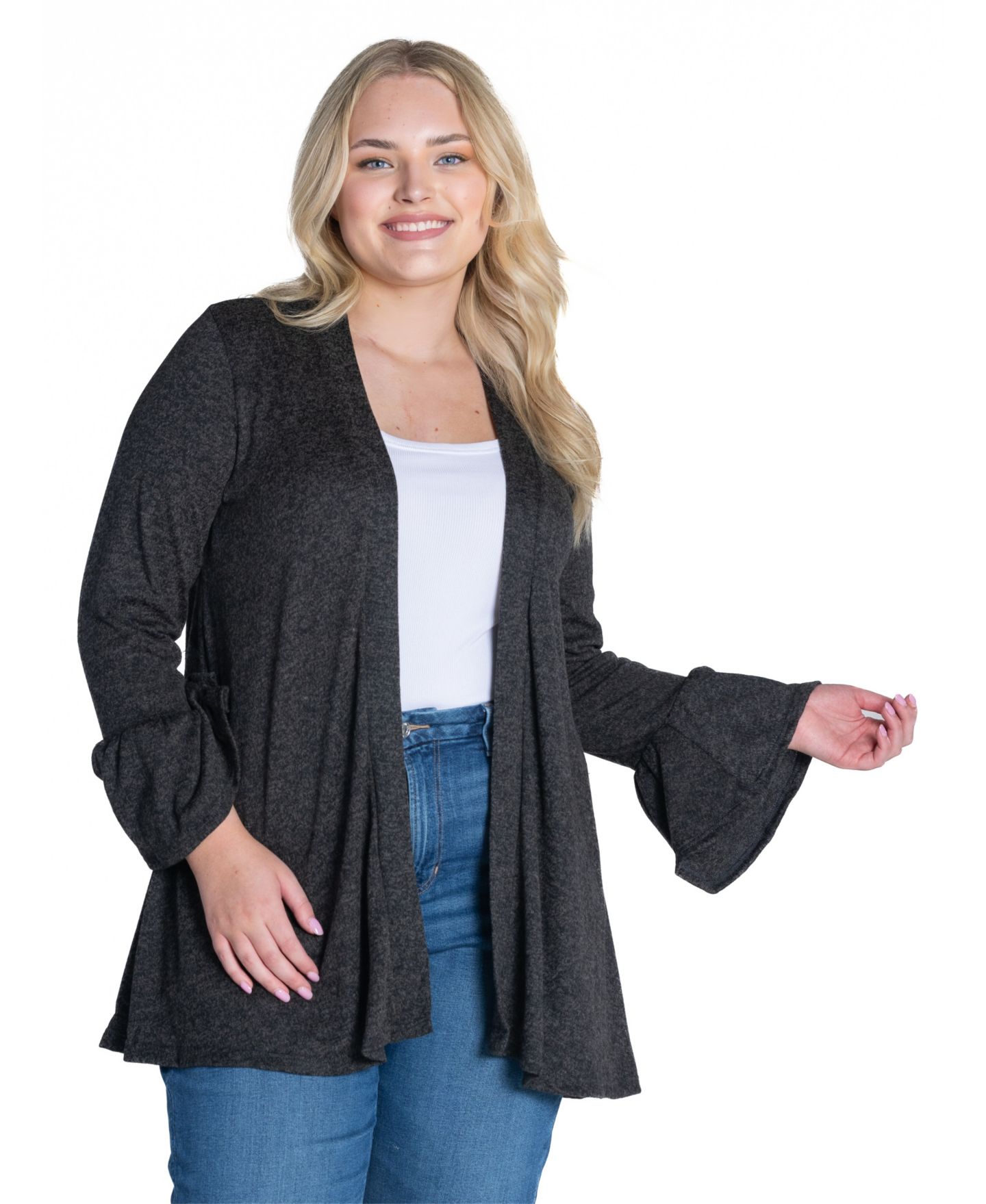 Женский кардиган 24seven Comfort Apparel Plus Size Bell Sleeve Open Front, цвет: Чёрный — фото 1