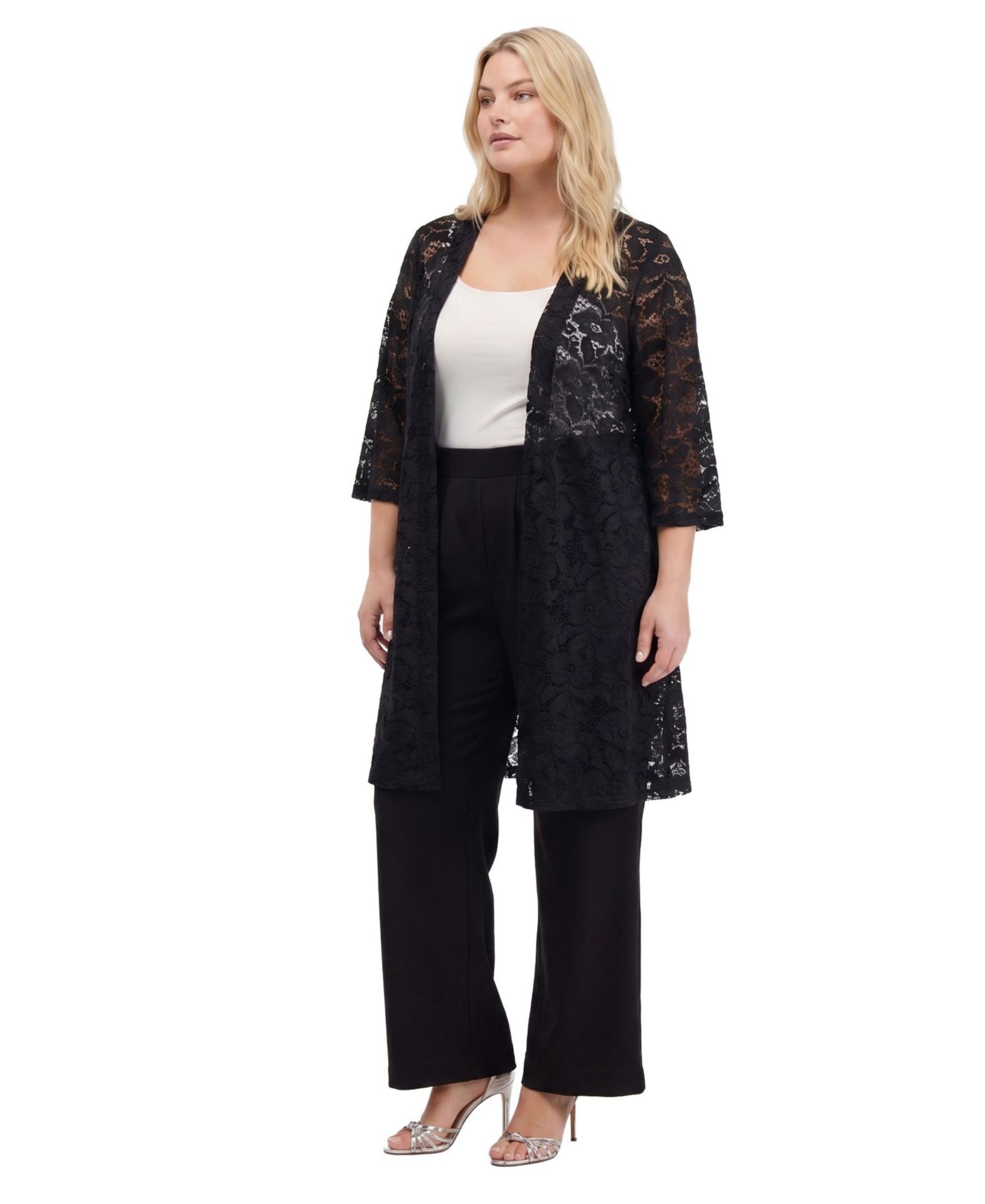 Женская куртка 24seven Comfort Apparel Plus Size Floral Lace Open-Front, цвет: Чёрный — фото 2