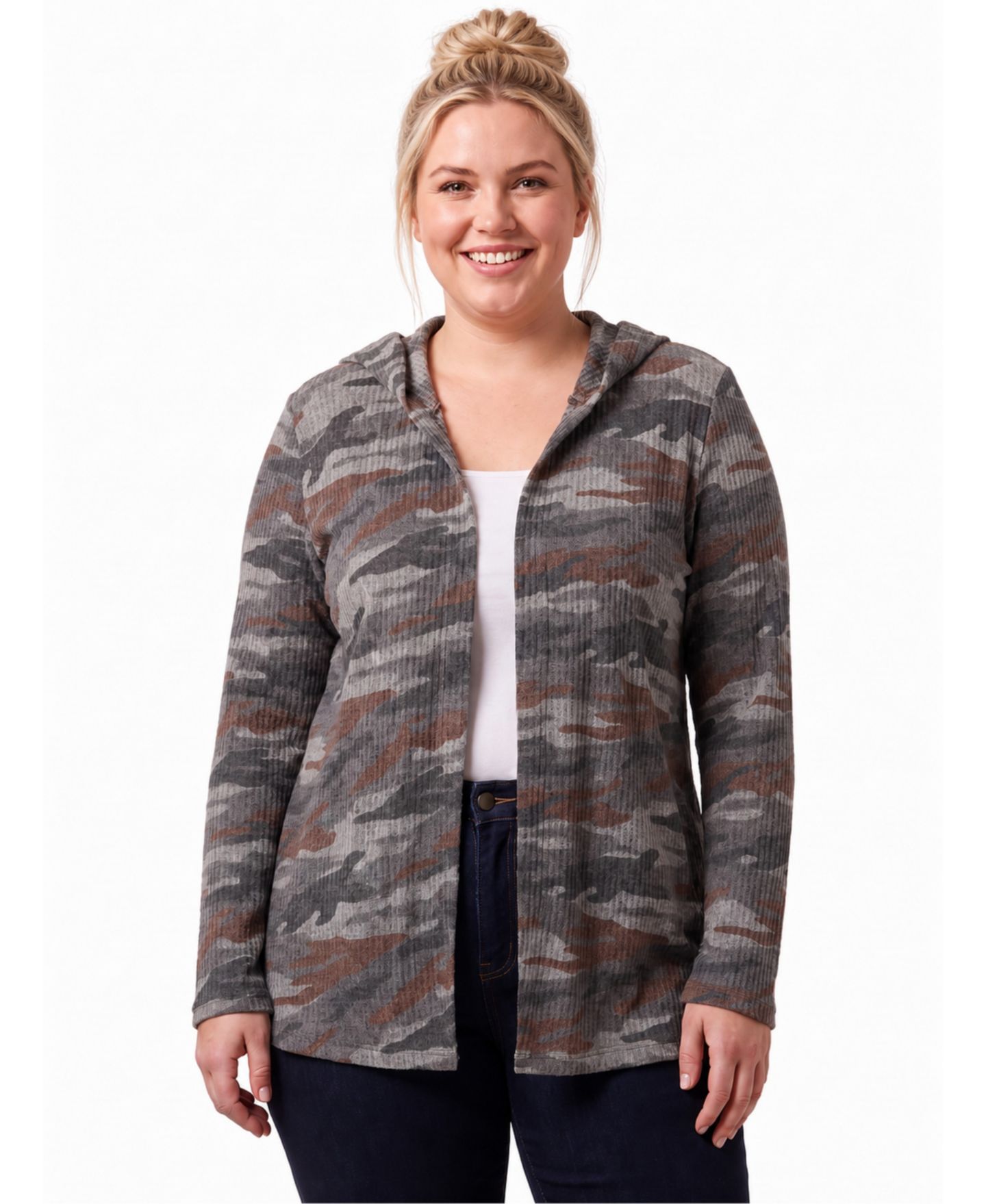 Женский кардиган 24seven Comfort Apparel Plus Size Hooded Open-Front Camo-Print, цвет: Серый разноцветный — фото 1