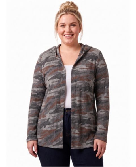 Женский кардиган 24seven Comfort Apparel Plus Size Hooded Open-Front Camo-Print, цвет: Серый разноцветный