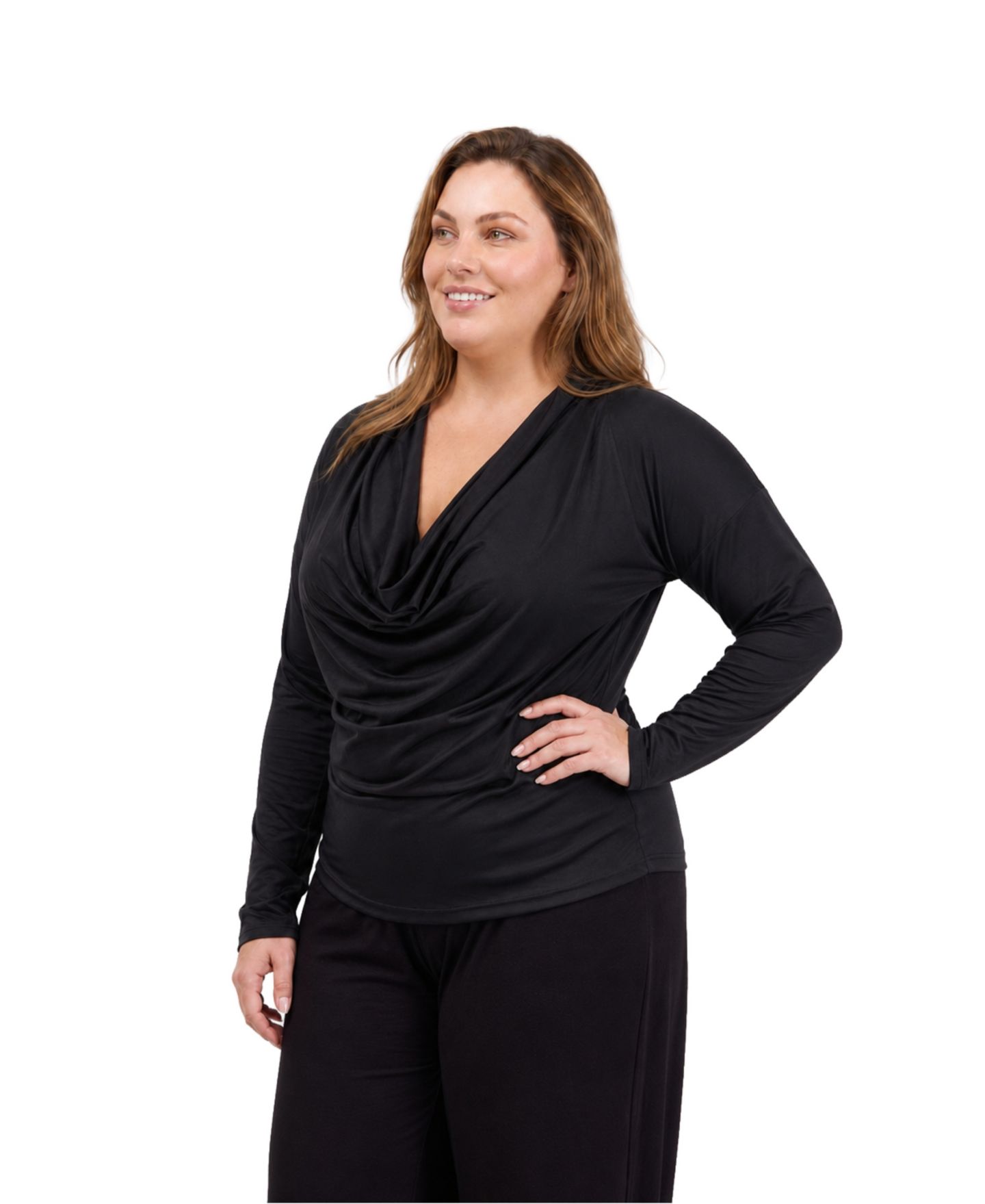 Женский топ 24seven Comfort Apparel Plus Size Cowl Neck Long-Sleeve Shimmery, цвет: Чёрный — фото 2