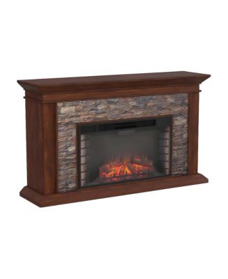 Wood Veneer Electric Fireplace with Faux Stacked Stone Surround and LED Flames