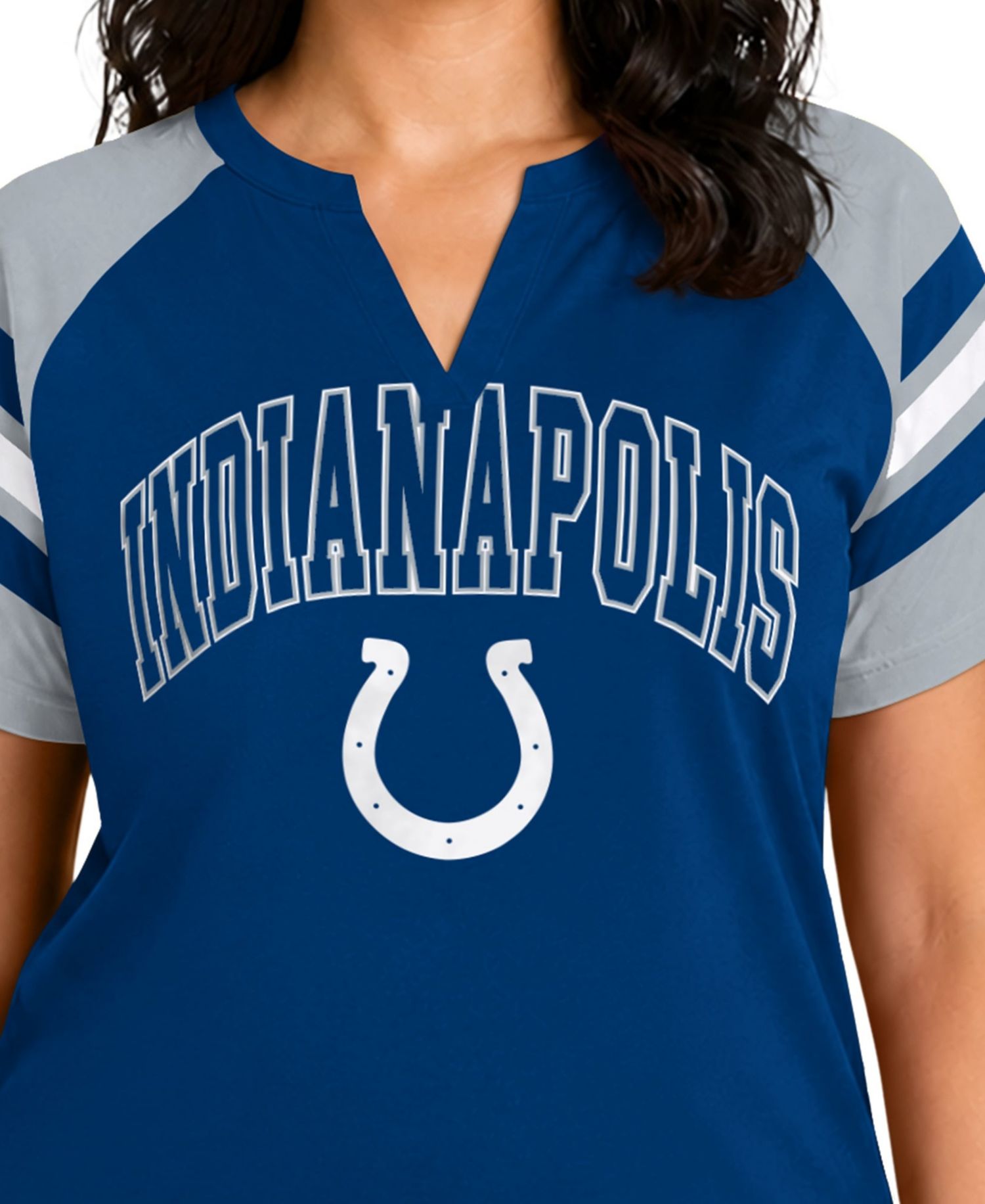 Women's Royal Indianapolis Colts Plus Size Game On Notch Neck Raglan T-Shirt