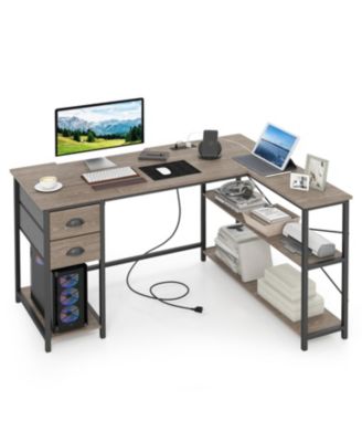 L Shaped Desk with Charging Station Corner Computer Desk with 2 Fabric Drawers