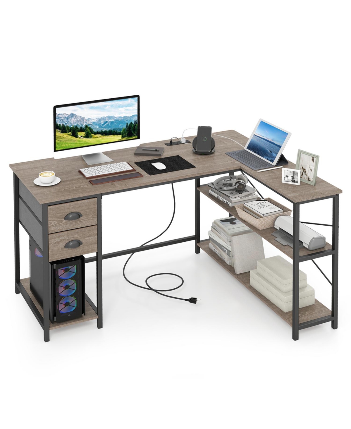 Mecale L Shaped Desk with Charging Station Corner Computer Desk with 2 Fabric Drawers