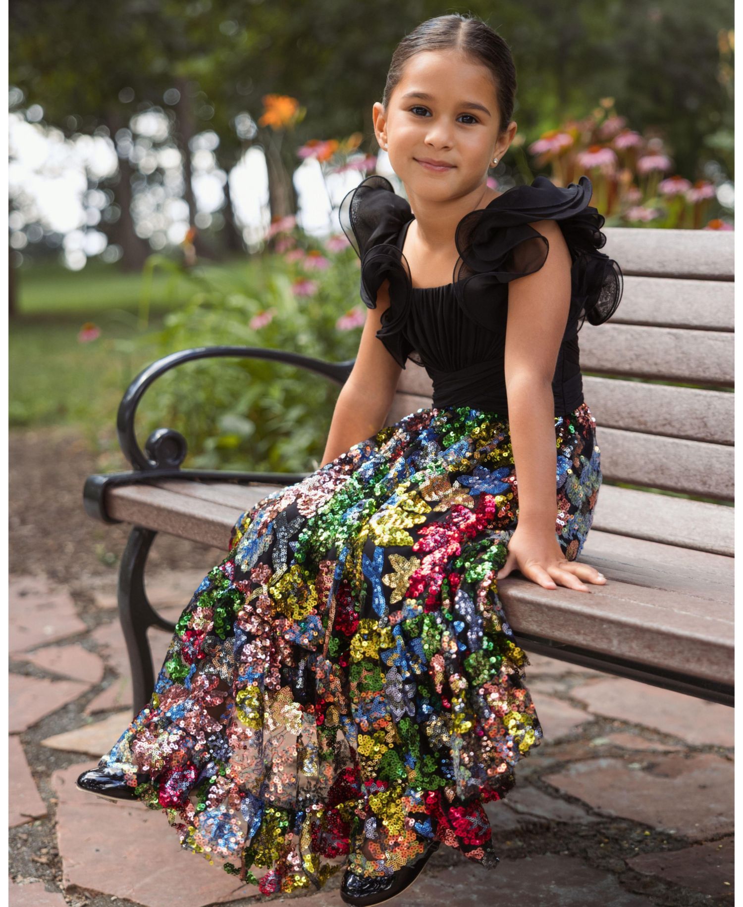 Big Girls Sequin Floral Maxi Dress with Ruffle Sleeves