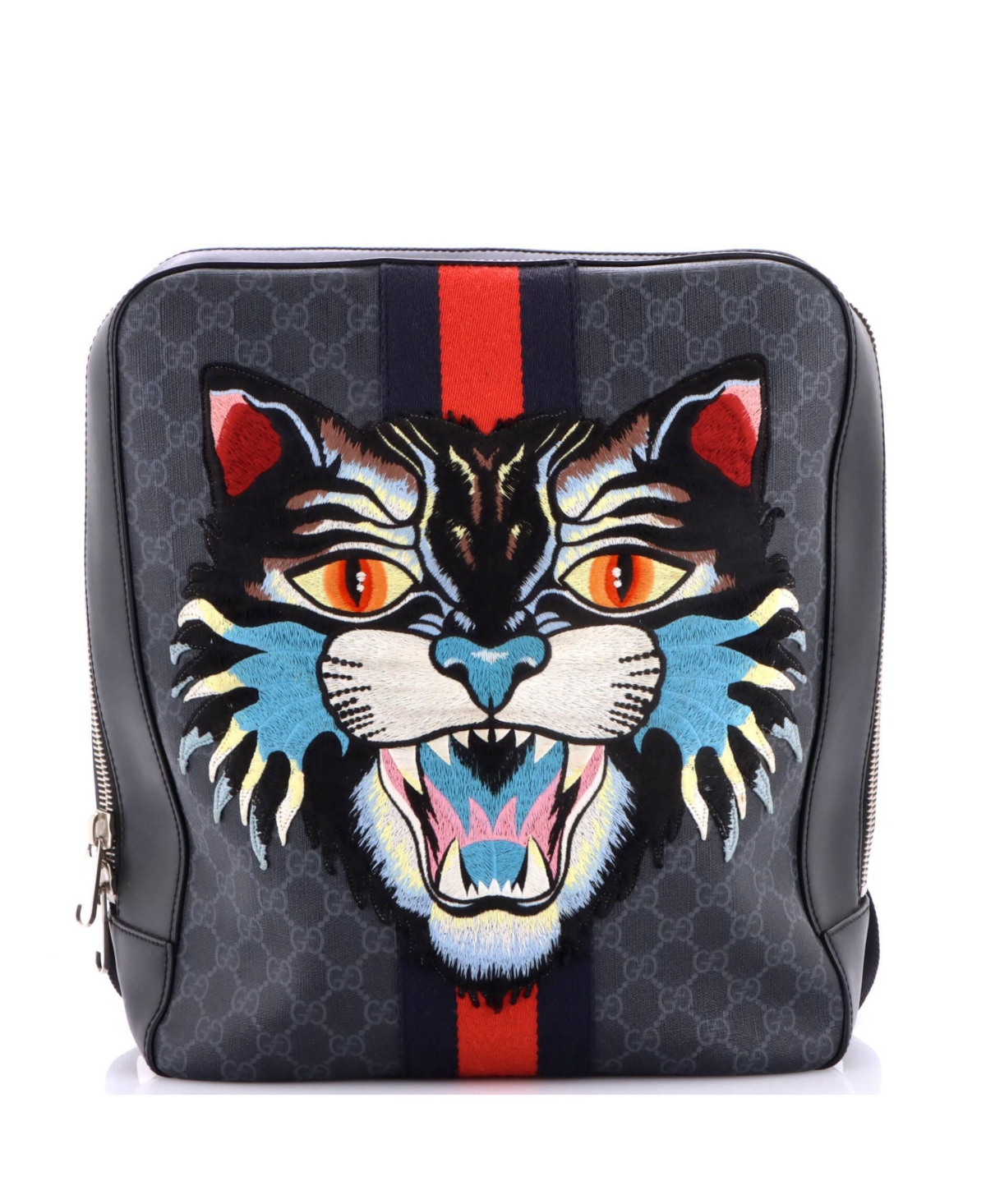 Pre-Owned Gucci Medium Angry Cat Web Backpack Gg Coated Canvas with Applique - Black
