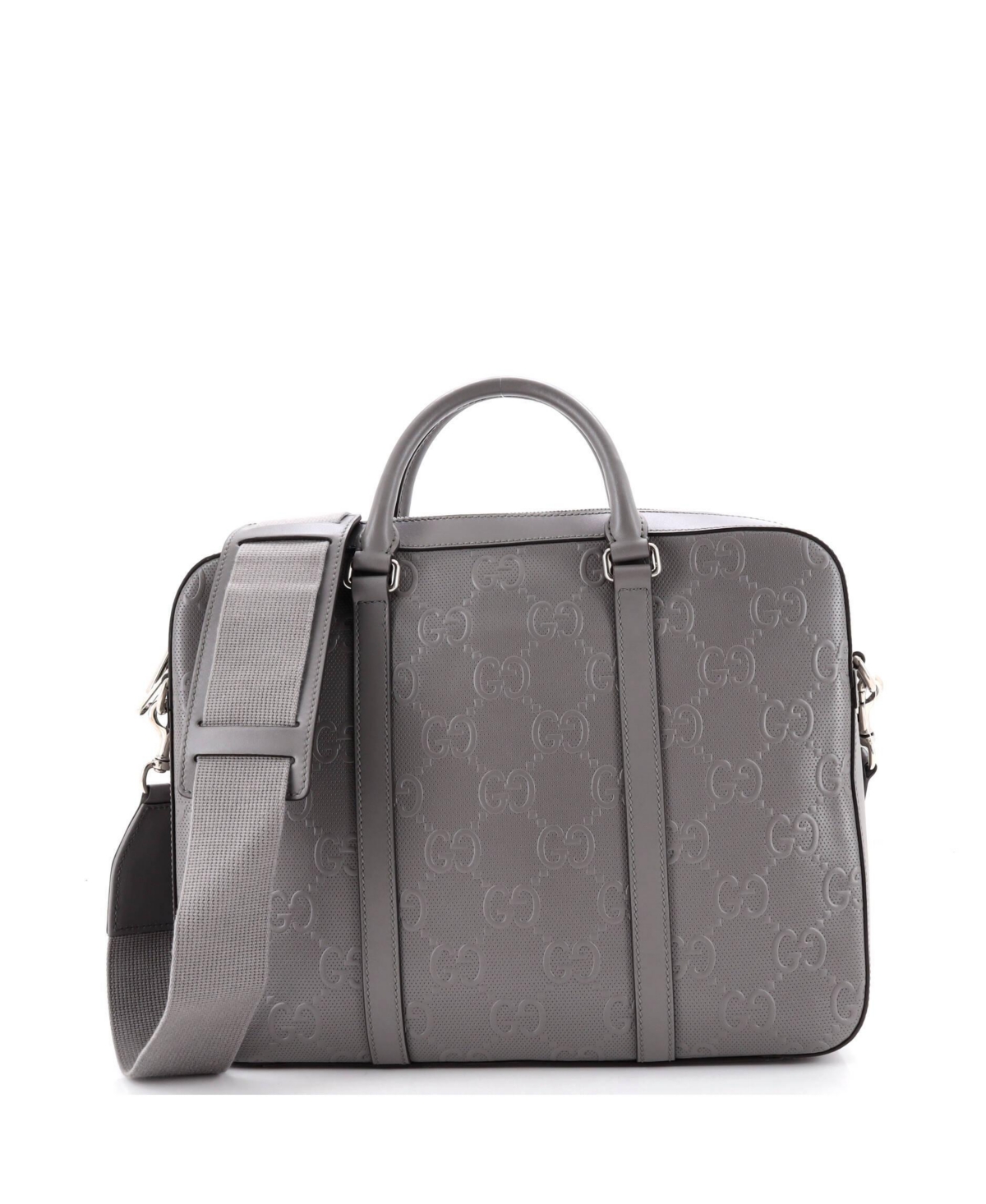 Pre-Owned Gucci Medium Briefcase Gg Embossed Perforated Leather - Grey