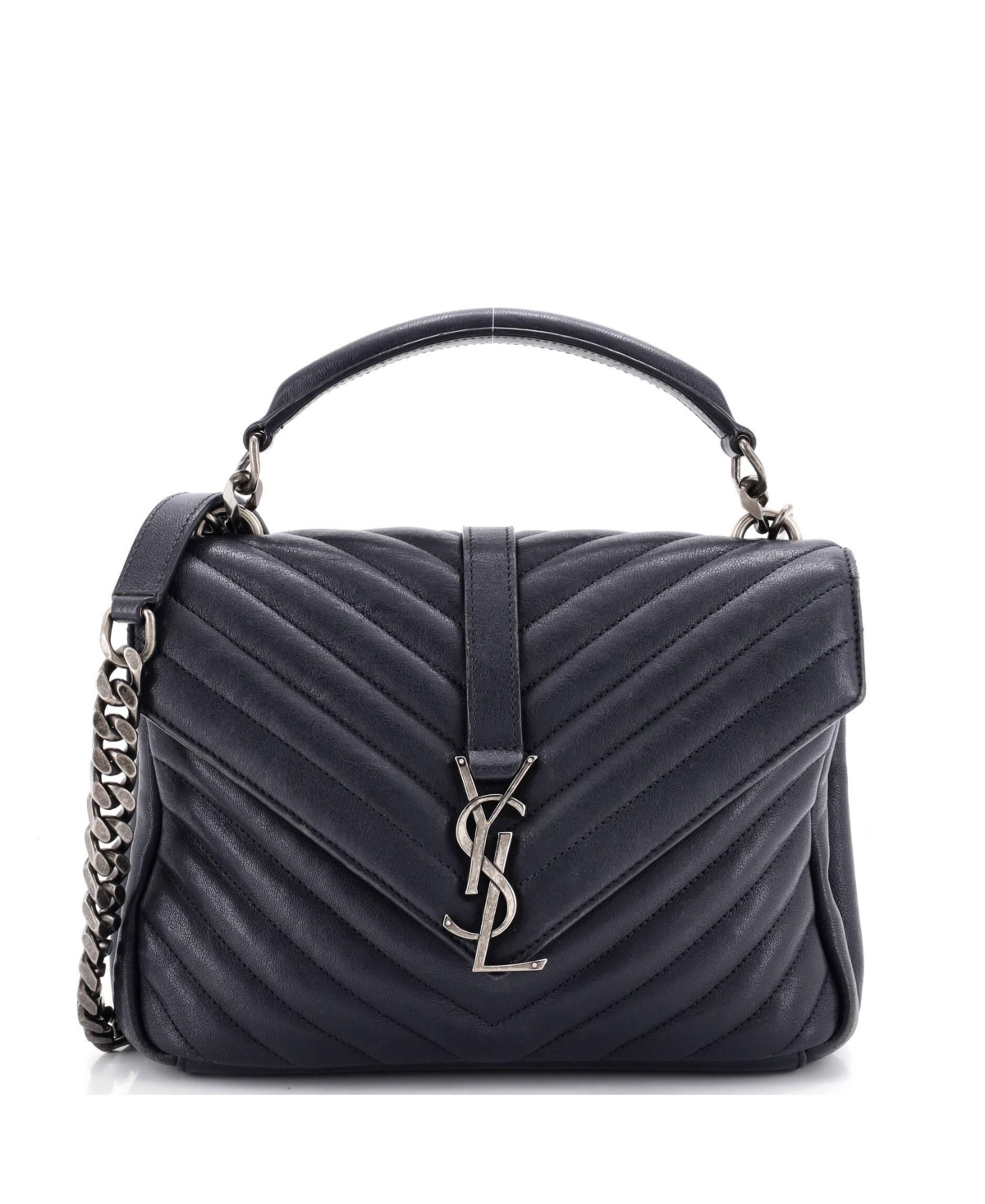 Pre-Owned Saint Laurent College Medium Monogram Chevron Leather Shoulder Bag - Black