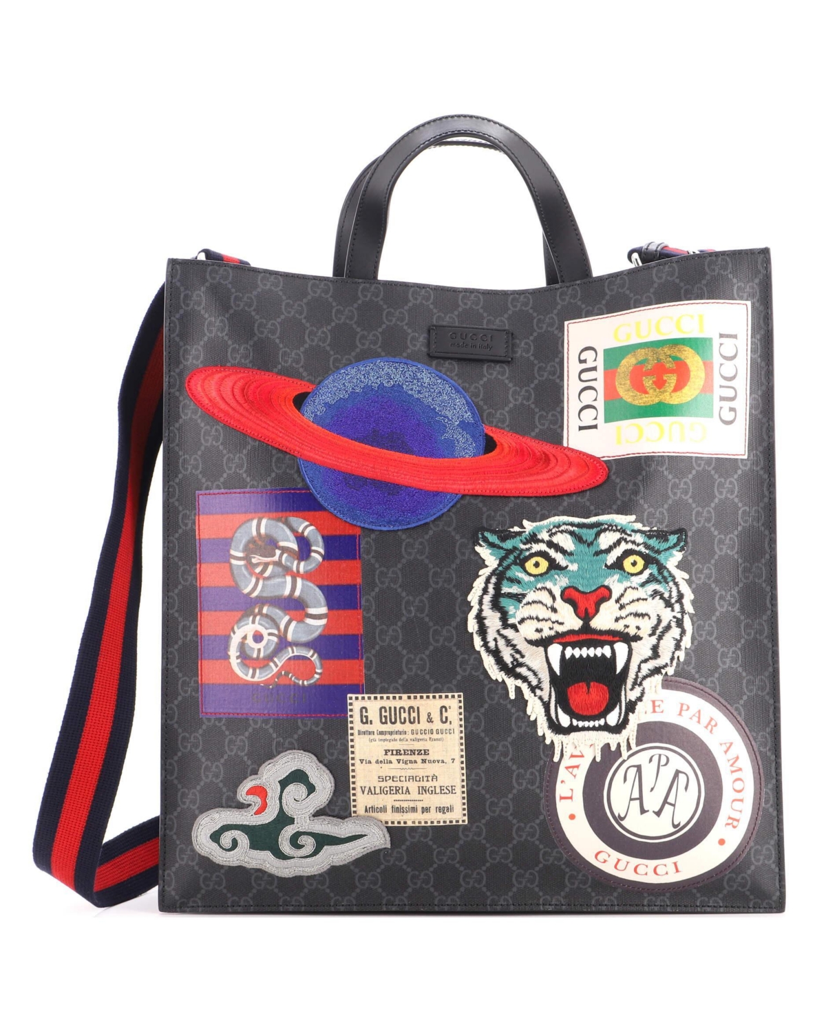 Pre-Owned Gucci North South Courrier Convertible Soft Open Tote Gg Coated Canvas with Applique - Black