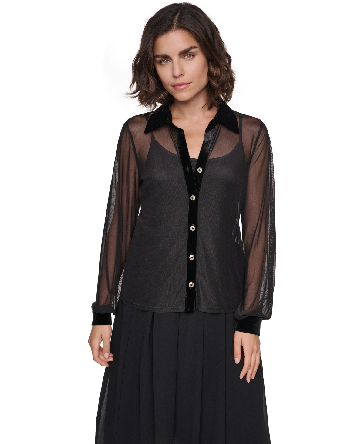 Karl Lagerfeld Paris Women's Mesh Sheer Long-Sleeve Shirt