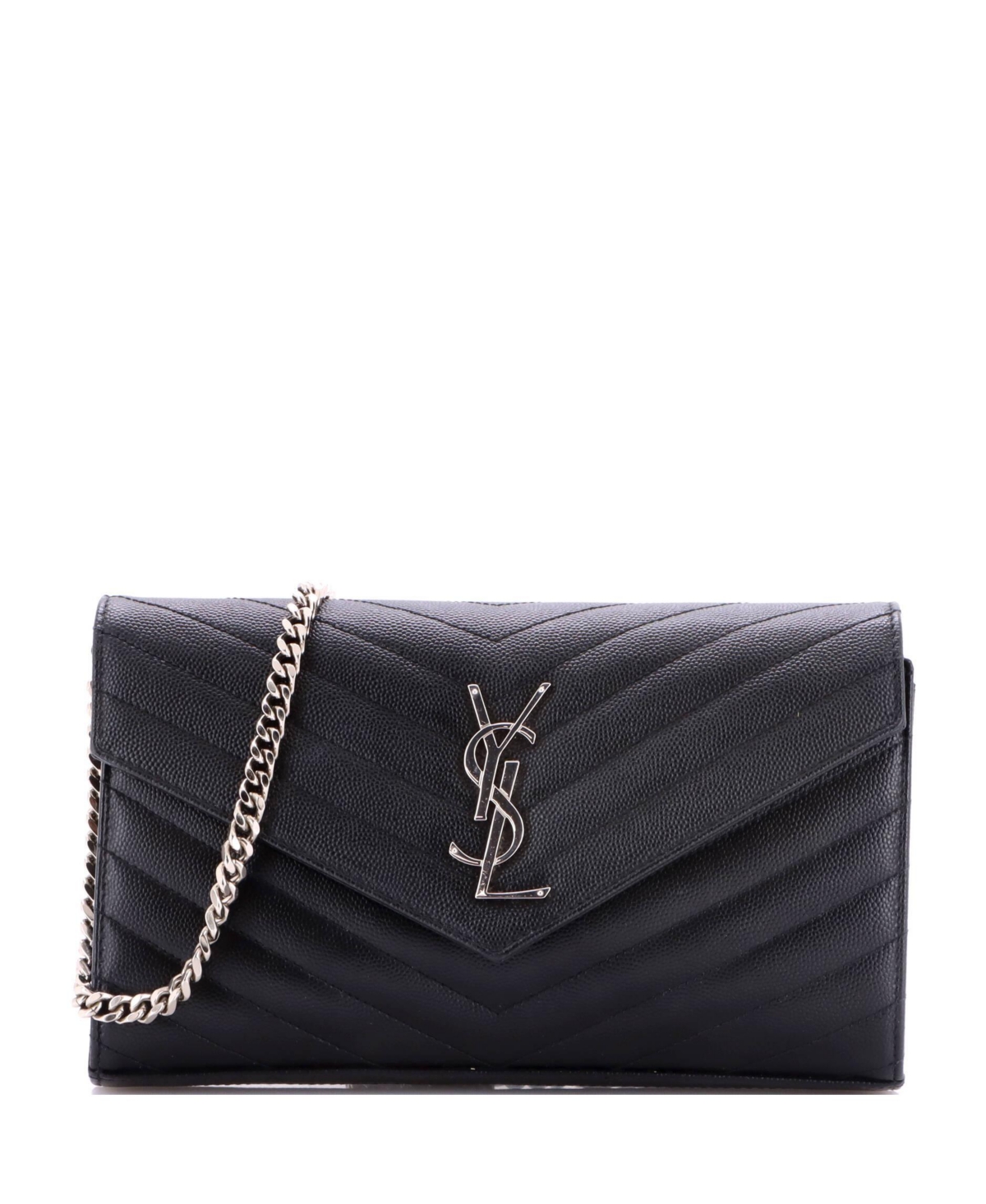Pre-Owned Saint Laurent Medium Classic Monogram Wallet on Chain Matelasse Chevron Leather - Black