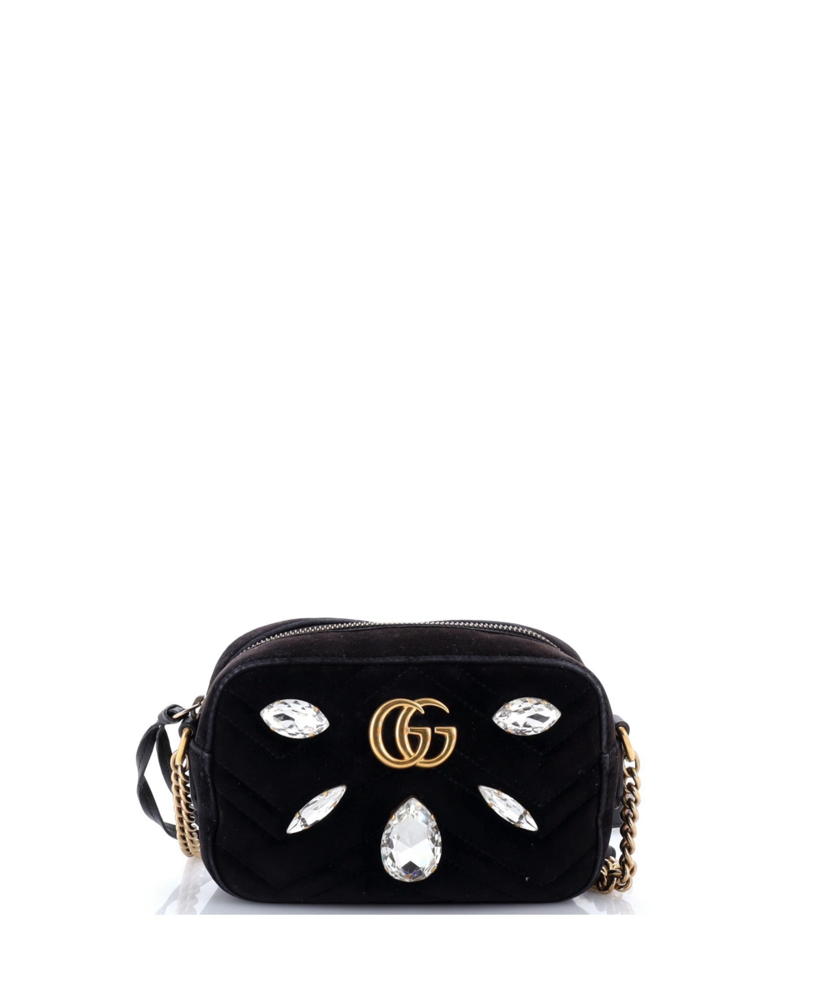 Pre-Owned Gucci Mini Gg Marmont Shoulder Bag Crystal Embellished Matelasse Velvet - Black