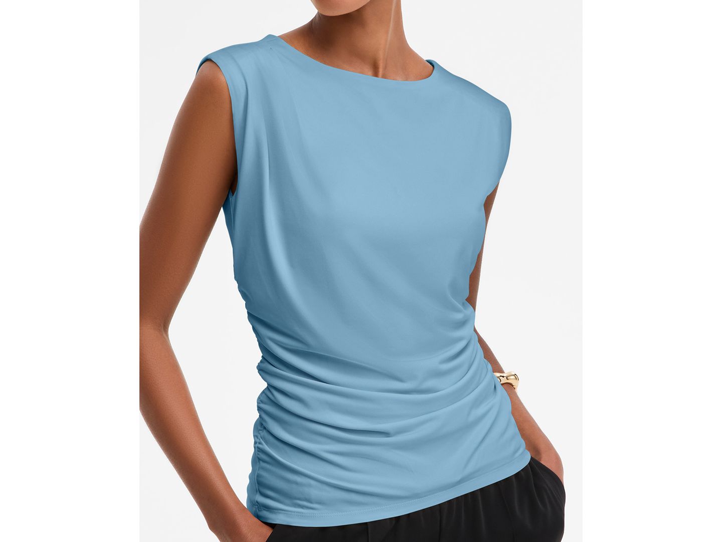 Женский топ I.N.C. International Concepts Sleeveless Ruched Boatneck Knit Top, цвет: Синий пепельный — фото 3