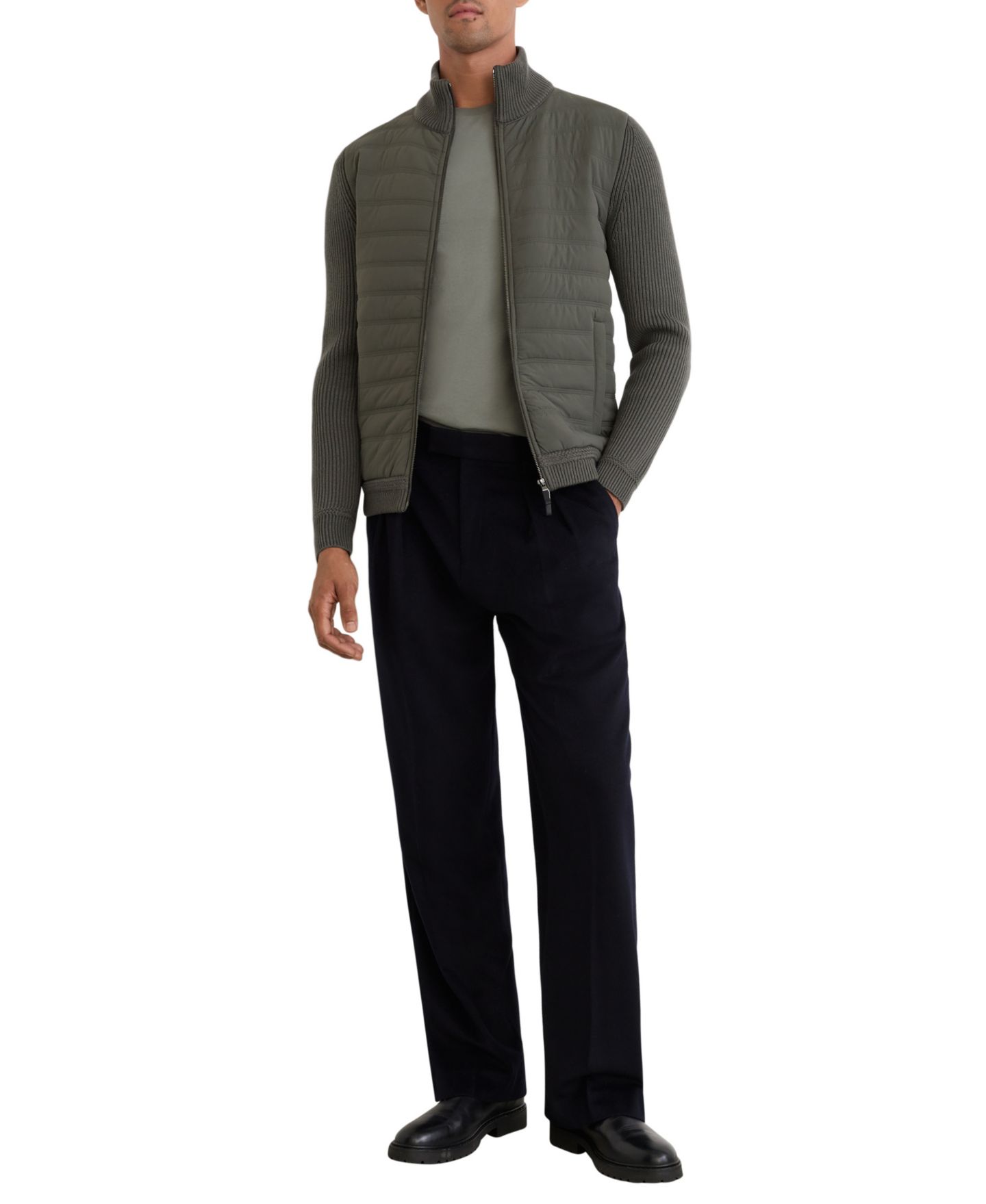 Мужская куртка REISS Townsend Quilted Rib-Knit Funnel-Neck, цвет: Армейский зелёный — фото 3