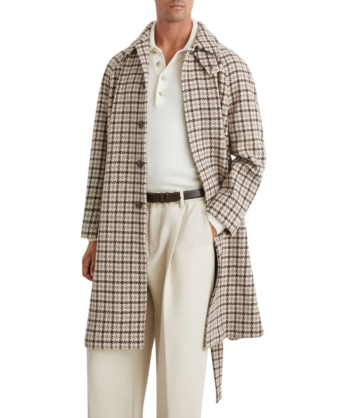 Мужское пальто REISS Christem Houndstooth-Check Belted Wool Overcoat, цвет: Коричневый разноцветный — фото 1