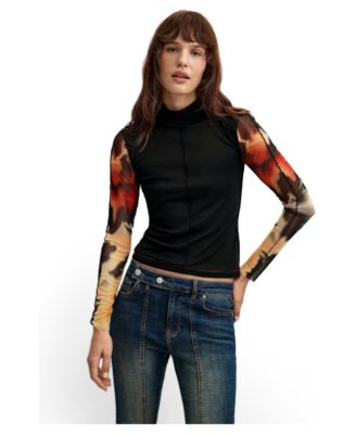 Women's Slim Printed-Sleeve Mesh Long-Sleeve T-Shirt