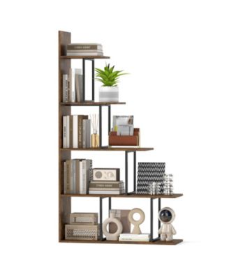62 Inch 5-Tier Engineered Wood and Metal Stepped Corner Bookcase