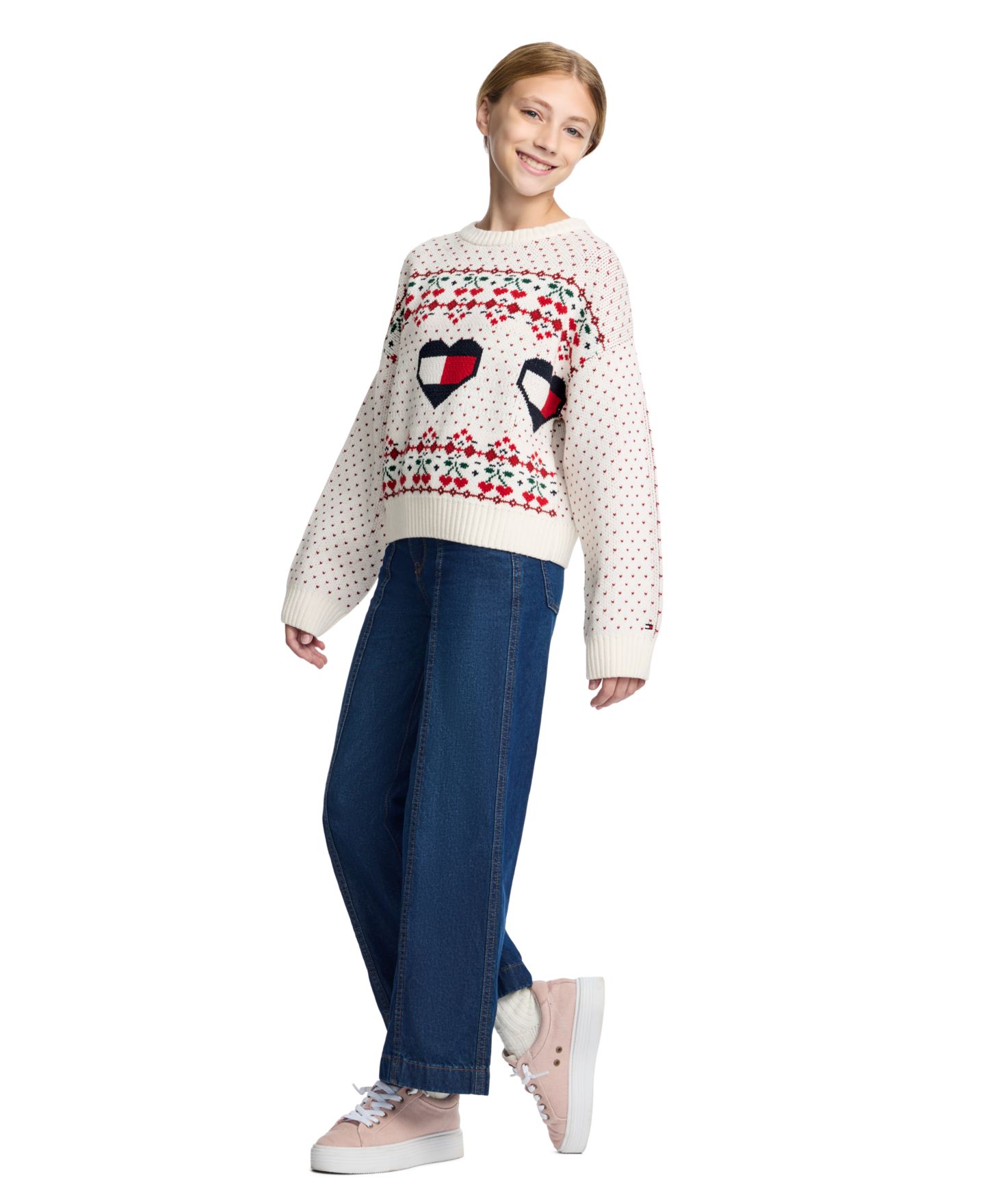 Свитер Tommy Hilfiger Heart Flag Intarsia Crewneck для девочек, цвет: Egret — фото 3