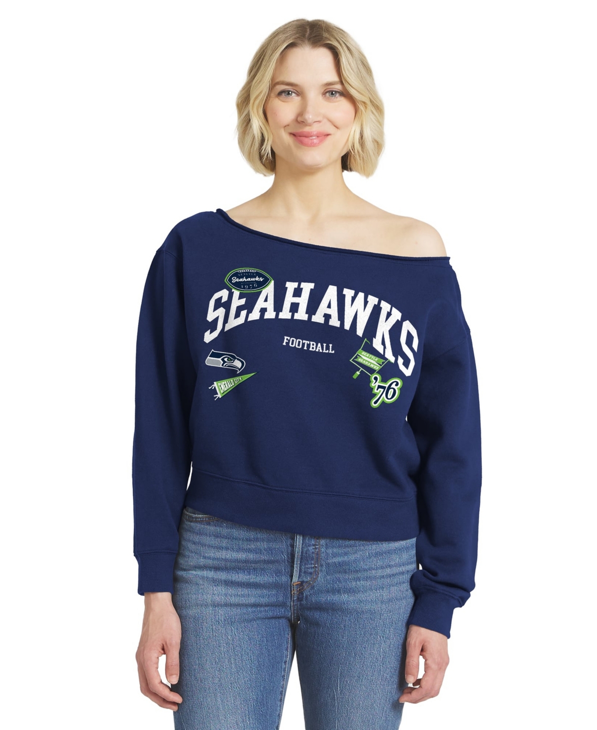 Wear by Erin Andrews Women's Seattle Seahawks Off-the-Shoulder Screen-Printed Fleece-Lined Sweatshirt
