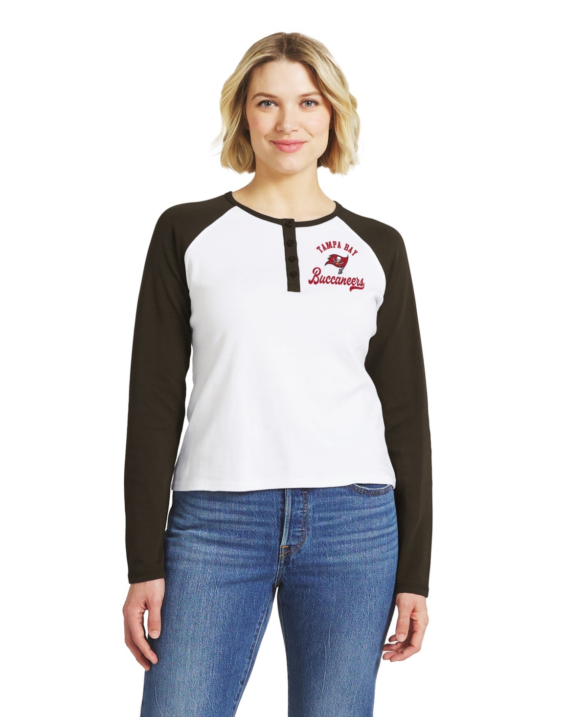 Women's WEAR by Erin Andrews  White/Pewter Tampa Bay Buccaneers Henley Long Sleeve Raglan T-Shirt