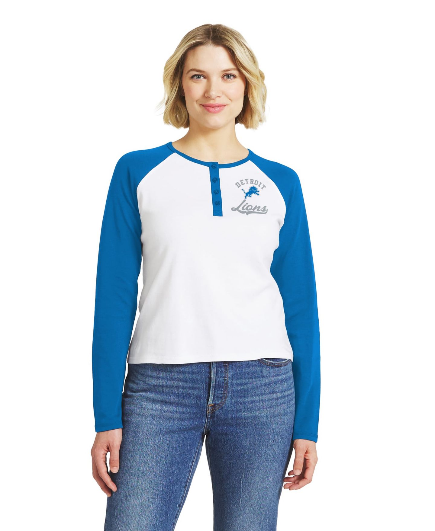 Женская футболка WEAR by Erin Andrews White/Blue Detroit Lions Henley Long Sleeve Raglan — фото 1