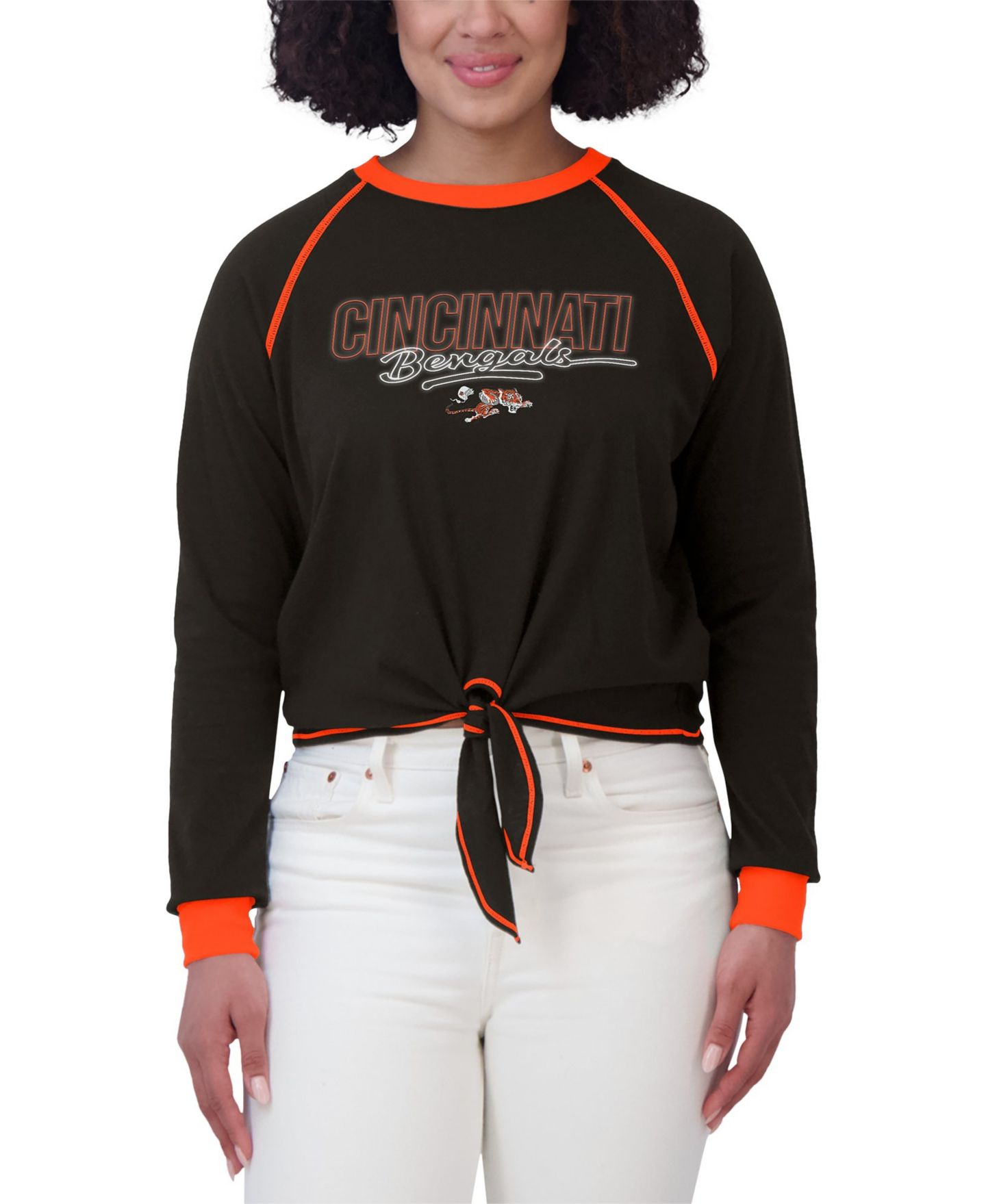 Женская футболка WEAR by Erin Andrews Black Cincinnati Bengals Tie-Front Long Sleeve — фото 2