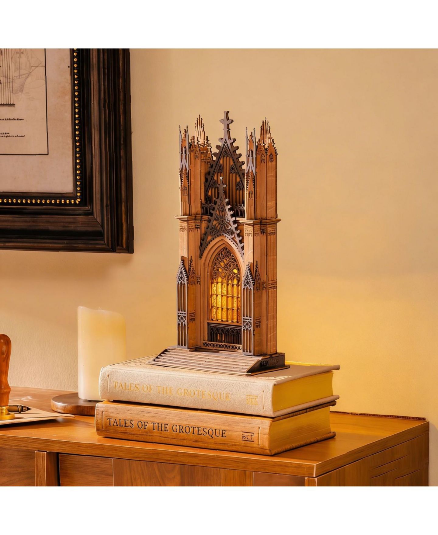 Детский пазл Robotime Gothic Twin Tower Cathedral 111-Piece 3D Wooden Puzzle with LED Lights, от 14 лет, цвет: Коричневый — фото 2