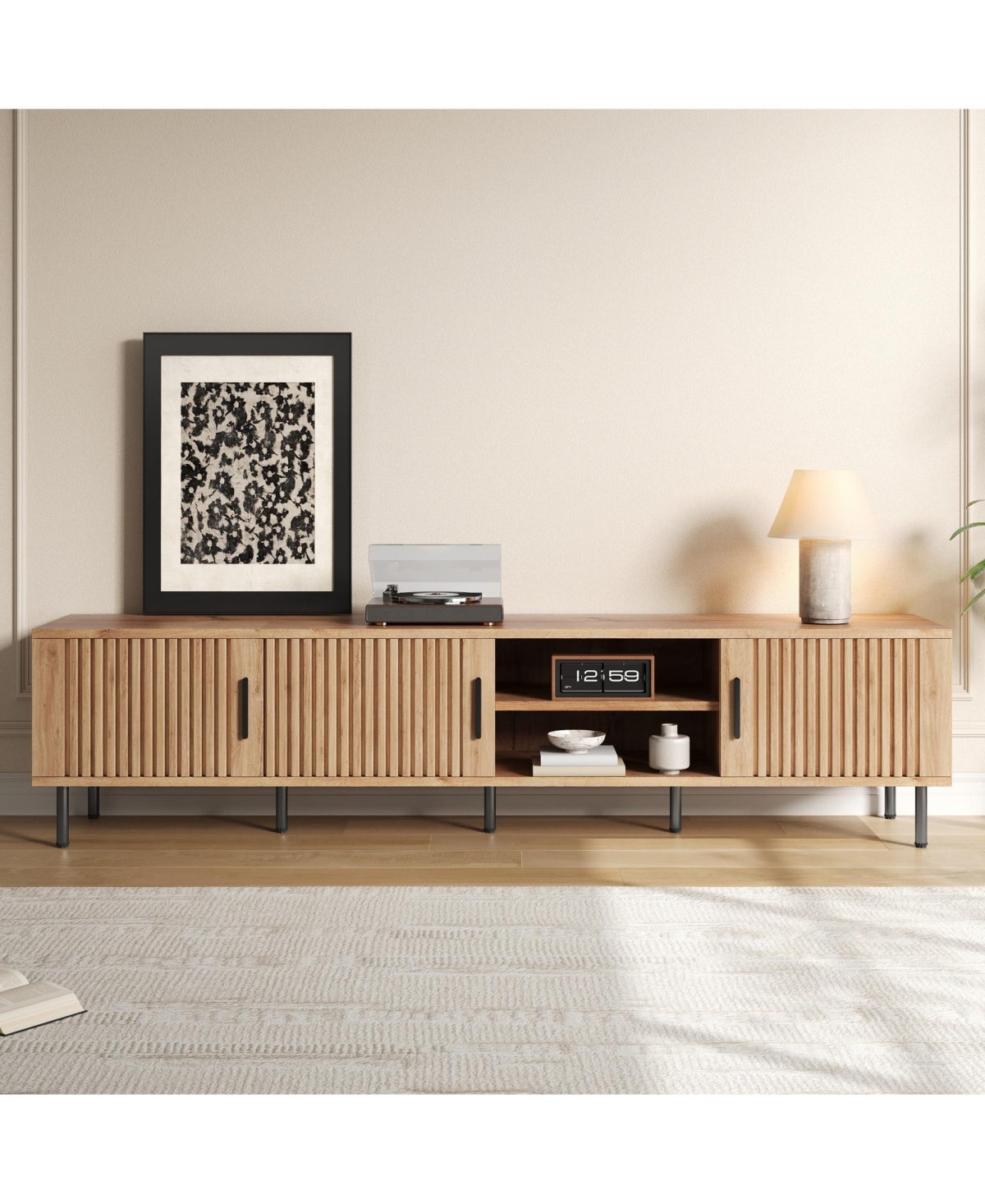 Flynama 78.7" Natural Wood Vertical Groove Tv Stand Heavy Iron Leg Entertainment Center For 85" Tv - Natural wood