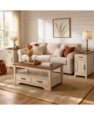 Farmhouse 3-Piece Living Room Table Set - 4-Drawer Coffee Table and 2 Flip-Top Charging End Tables