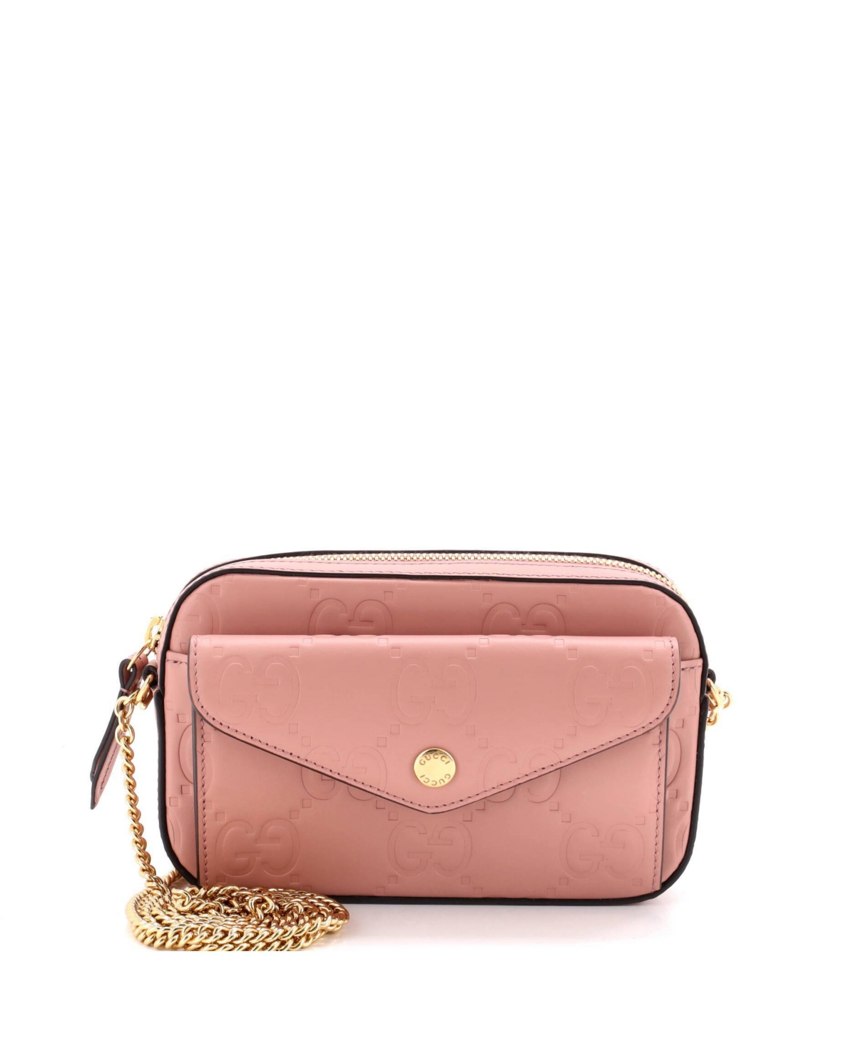 Pre-Owned Gucci Super Mini Front Pocket Chain Shoulder Bag Jumbo Gg Embossed Leather - Pink