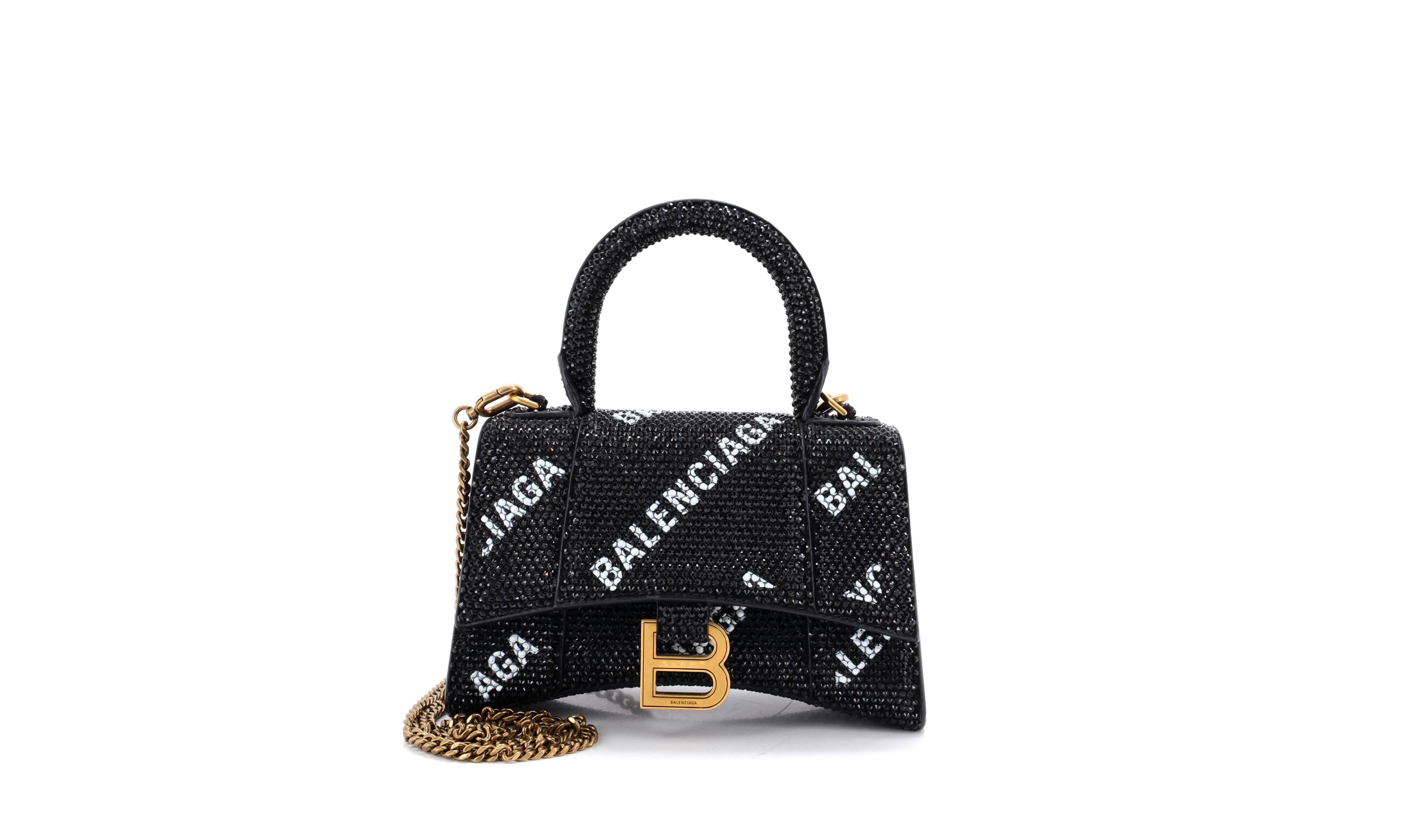 Pre-Owned Balenciaga Xs Hourglass Top Handle Bag Suede and Allover Logo Crystals