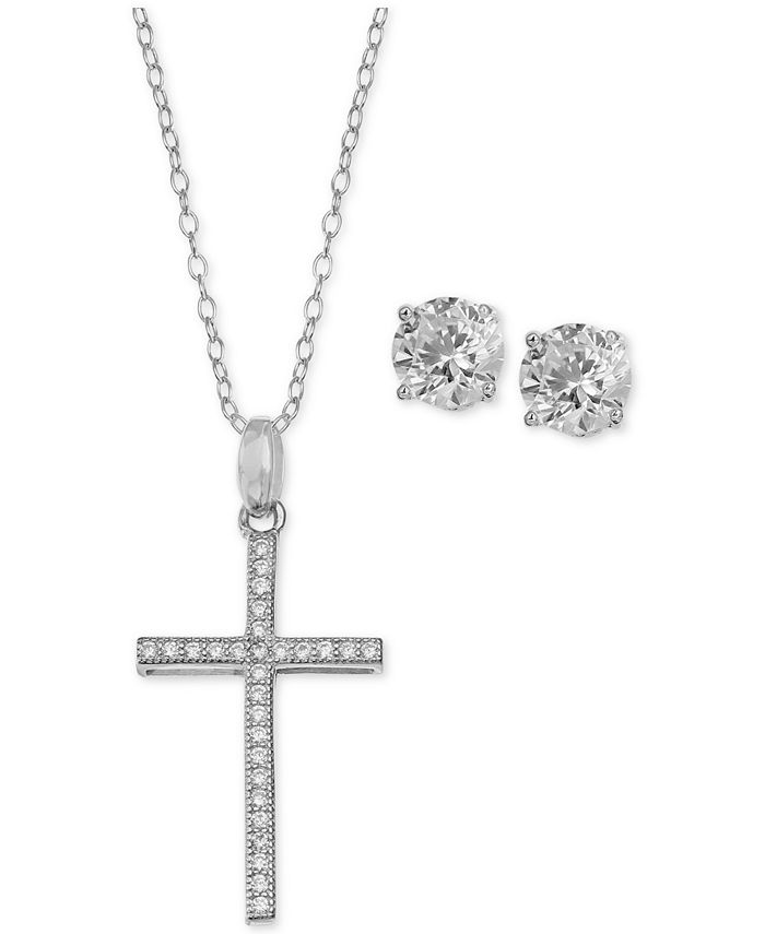 Giani Bernini Cubic Zirconia Cross Pendant Necklace and Stud Earrings Set in Sterling Silver